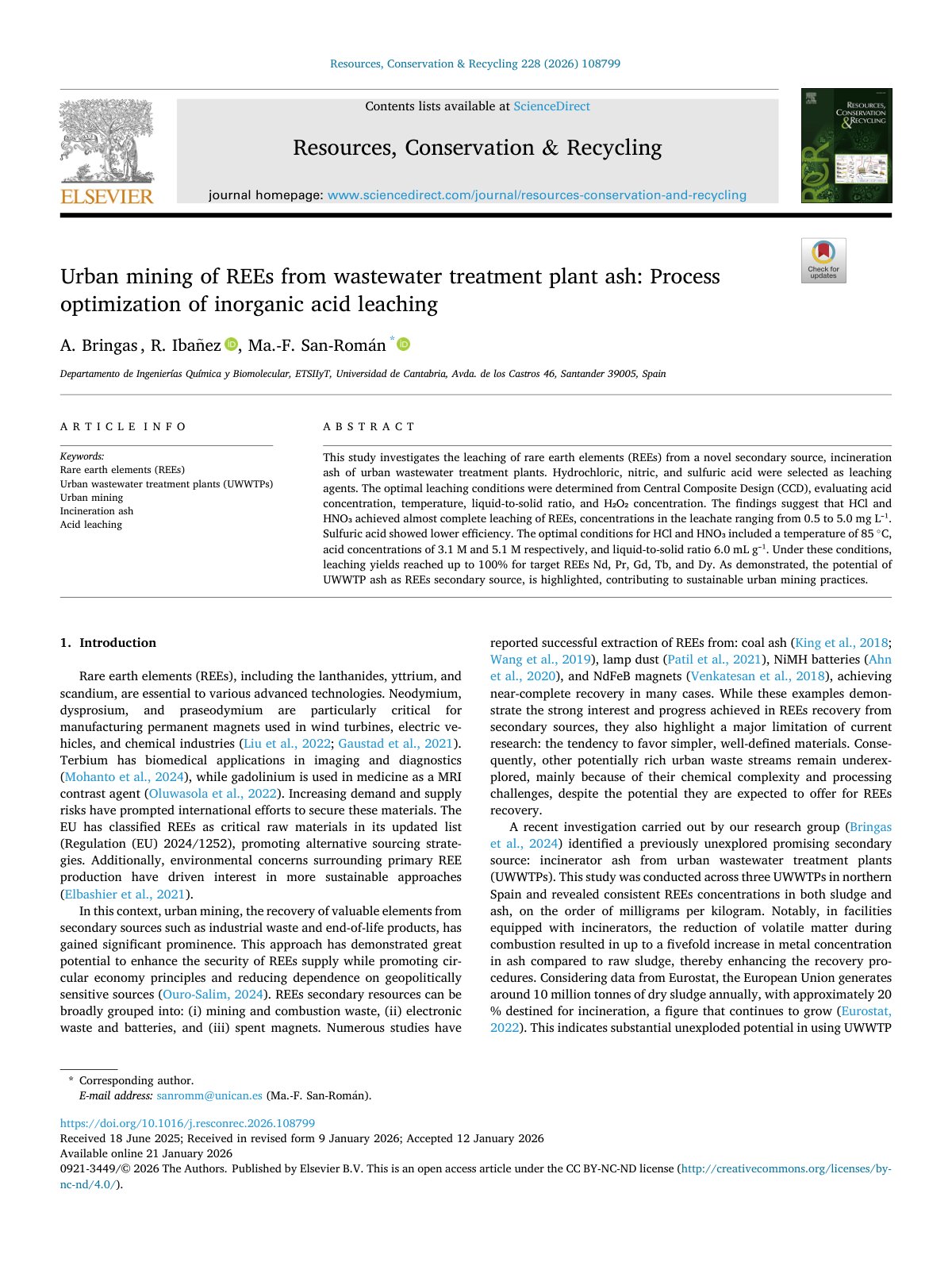 First page of Urban mining of REEs from wastewater treatment plant 2026 Resources  Conserv