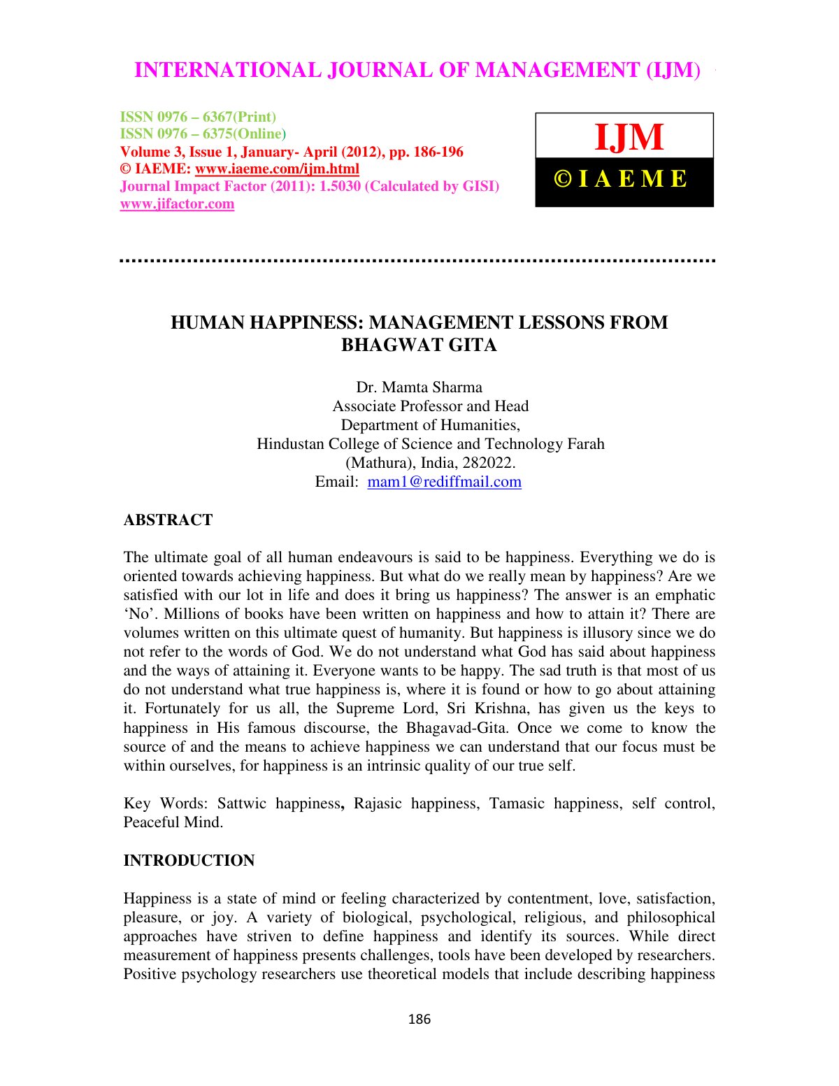 First page of HUMAN HAPPINESS MANAGEMENT LESSONS FROM