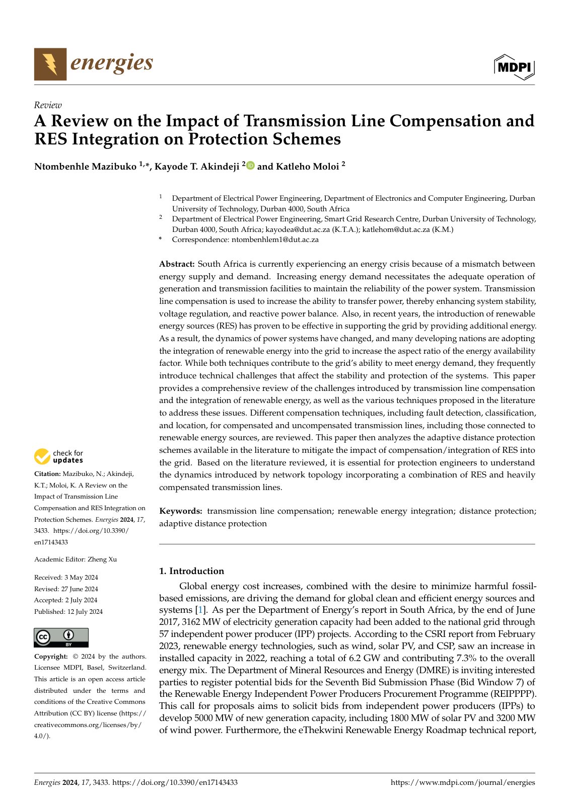 First page of A Review on the Impact of Transmission Line Compensation and RES Integration on Protection Schemes