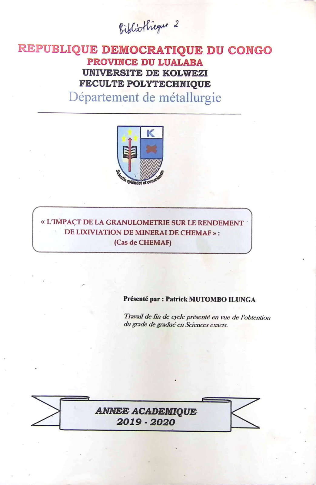 First page of Impact de la granulométrie sur le rendement de lixiviation du minerai de Chemaf