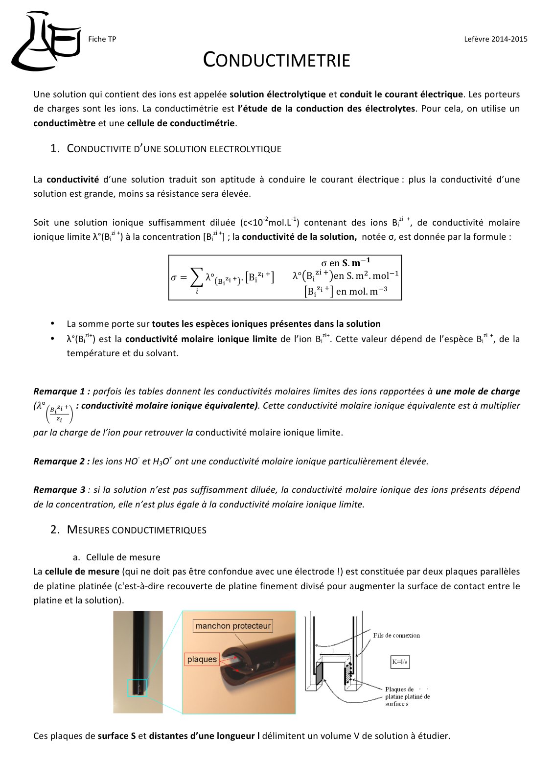 First page of Fiche TP   Conductimetrie