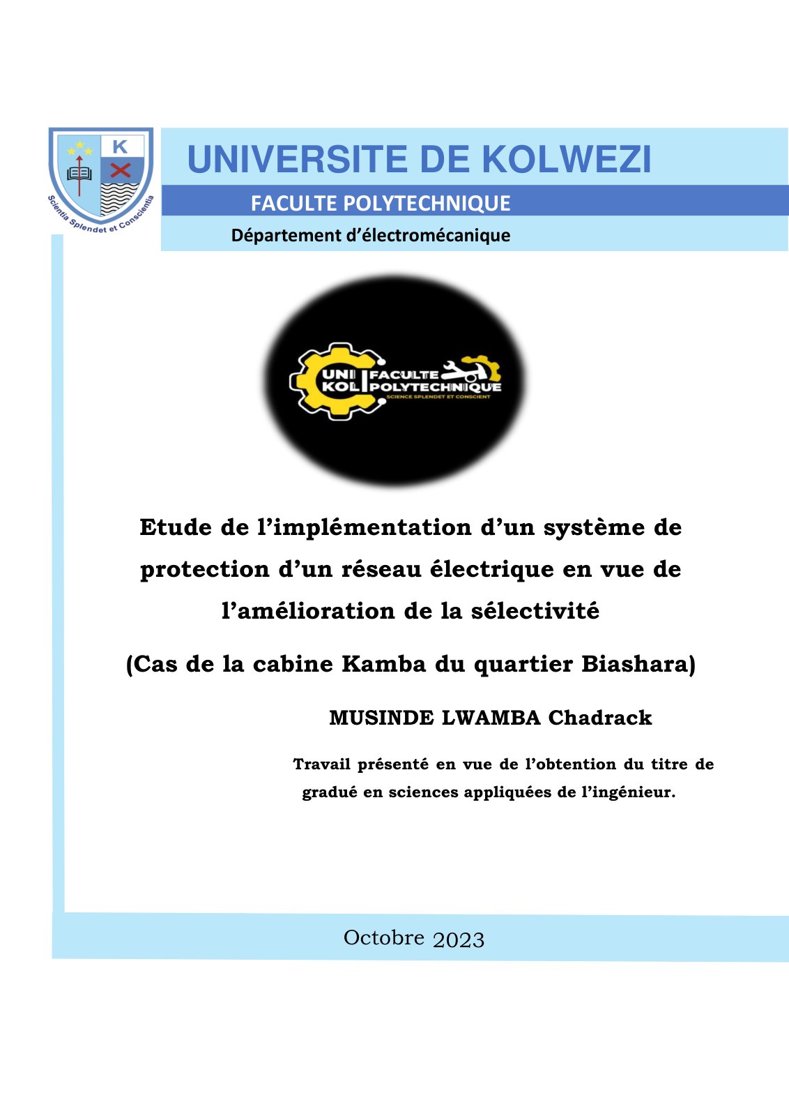 First page of Etude de l’implémentation d’un système de protection d’un réseau électrique en v ue de l’amélioration de la sélectivité (Cas de la cabine Kamba du quartier Biashara)