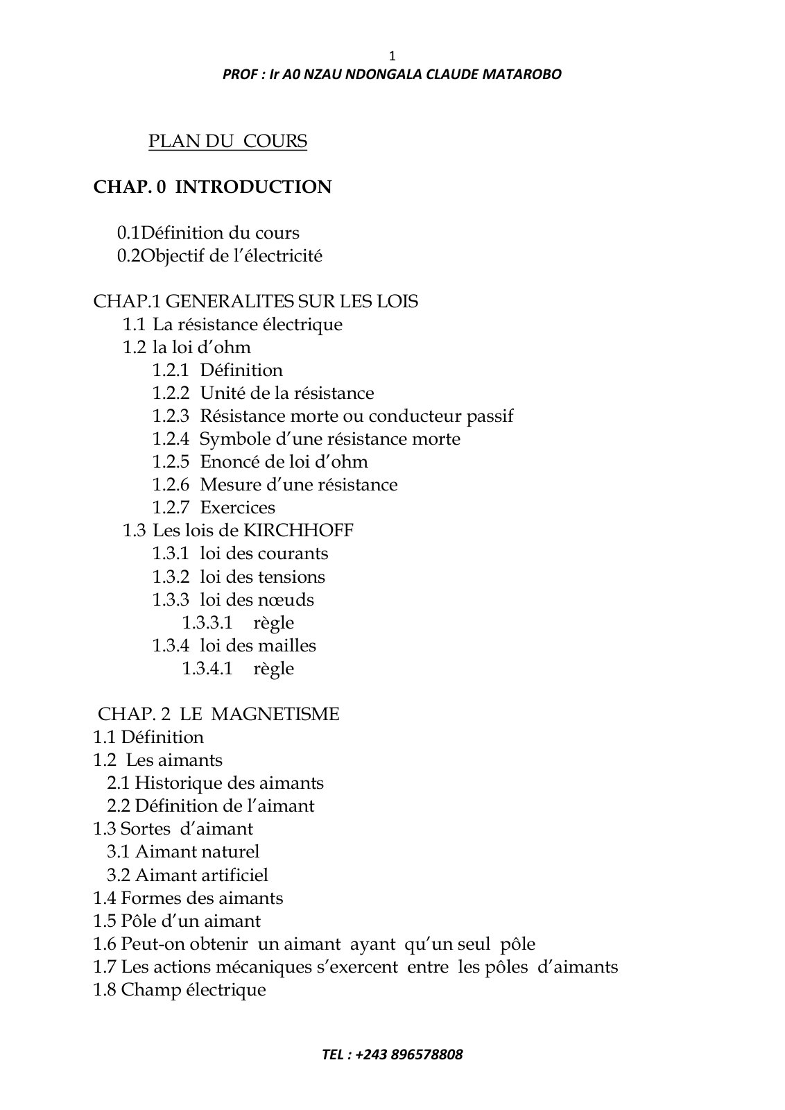 First page of PLAN DU COURS