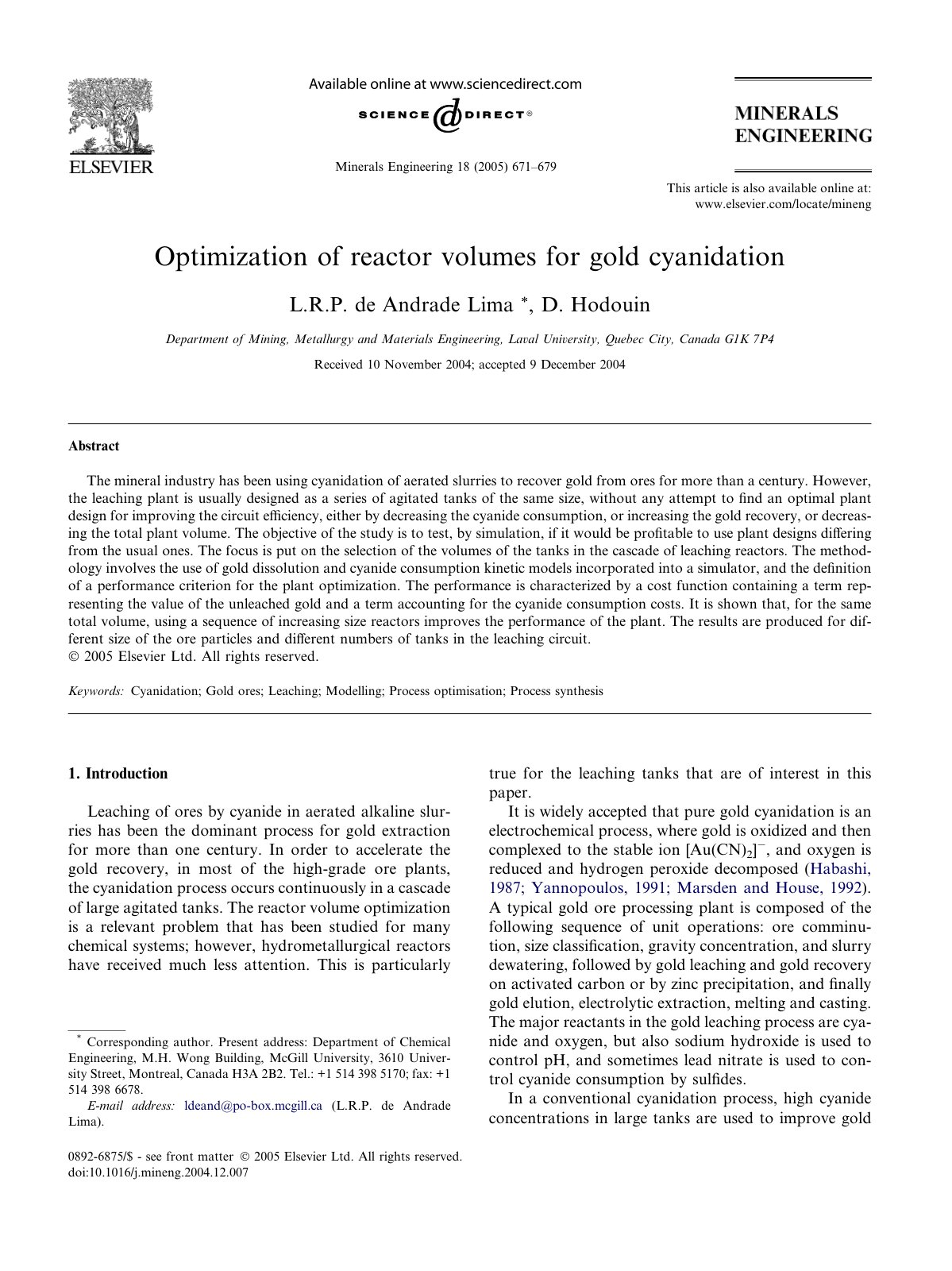 First page of Optimization of reactor volumes for gold