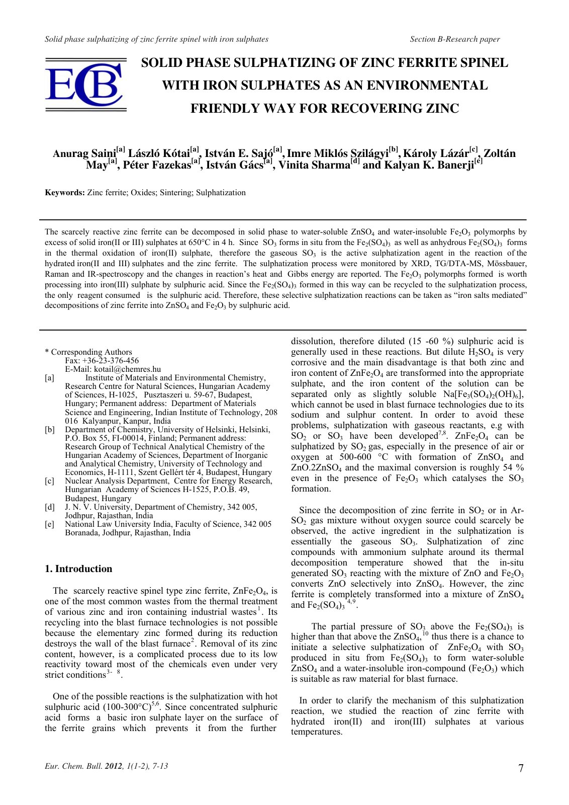 First page of Solid phase sulphatizing of zinc ferrite spinel with iron sulphates