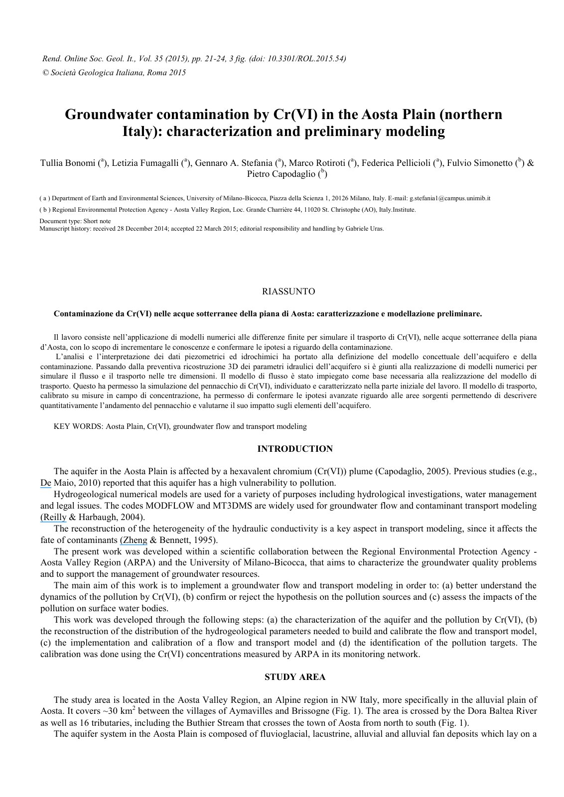First page of Groundwater contamination by Cr(VI) in the Aosta Plain (Northern Italy): characterization and preliminary modeling