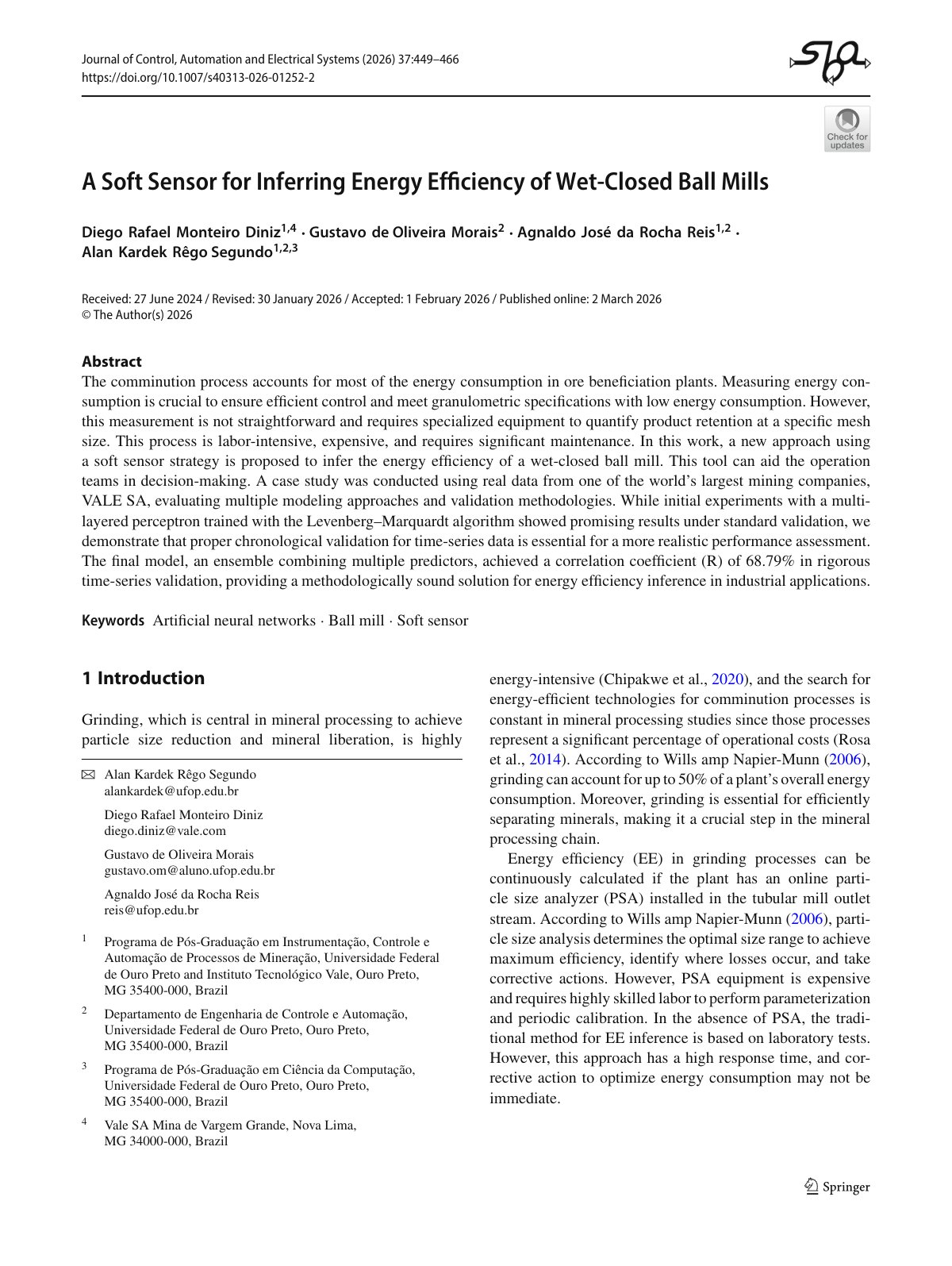 First page of A Soft Sensor for Inferring Energy Efficiency of Wet-Closed Ball Mills
