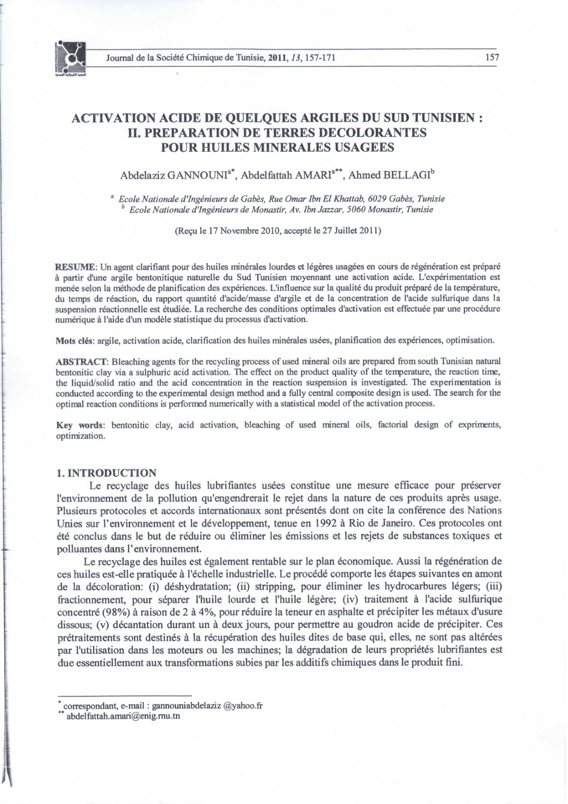 First page of ACTIVATION ACIDE DE QUELQUES ARGILES DU SUD TUNISIEN : II. PREPARATION DE TERRES DECOLORANTES POUR HUILES MINERALES USAGEES