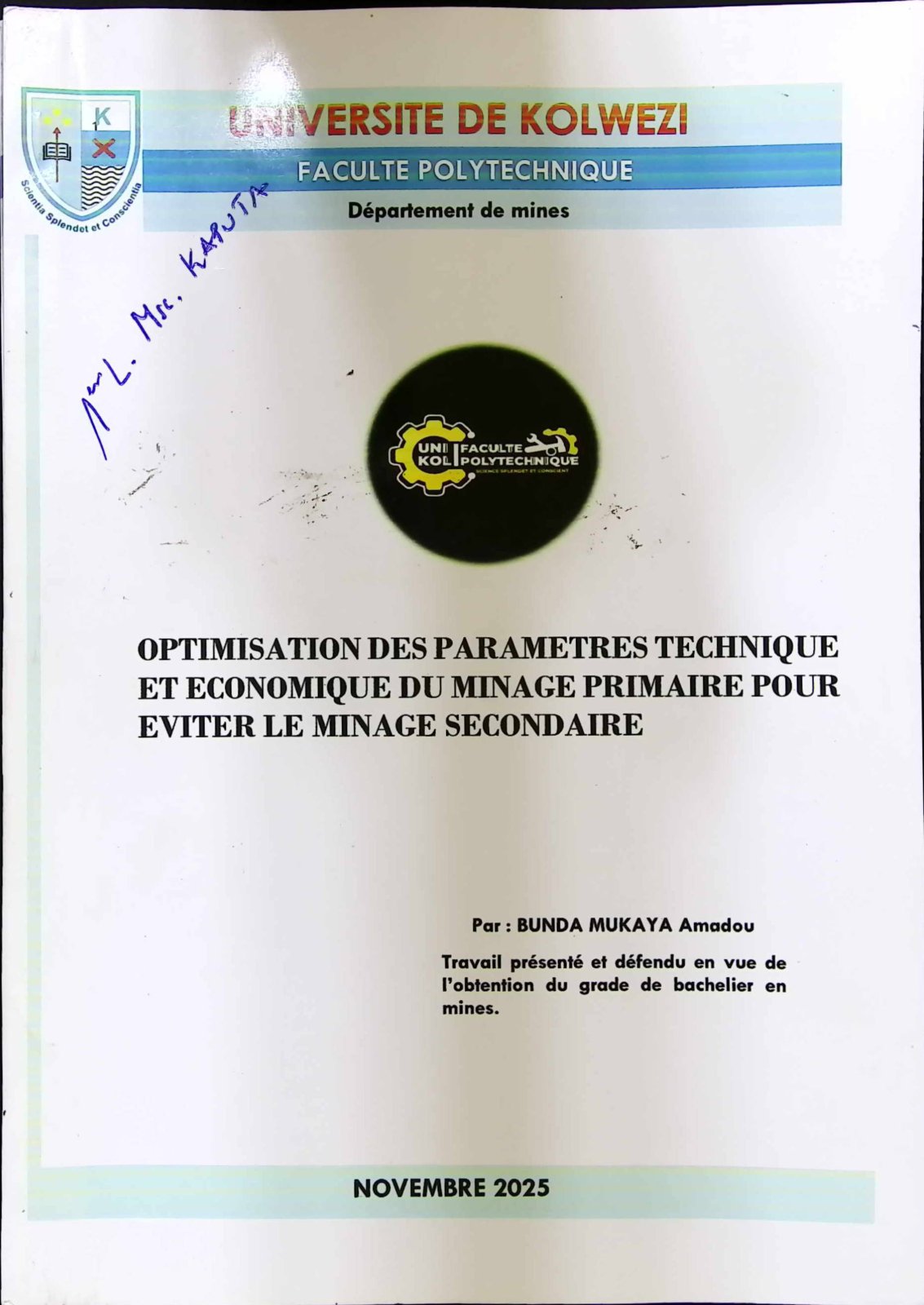 First page of OPTIMISATION DES PARAMETRES TECHNIQUE ET ECONOMIQUE DU MINAGE PRIMAIRE POUR EVITER LE MINAGE SECOND AIRE