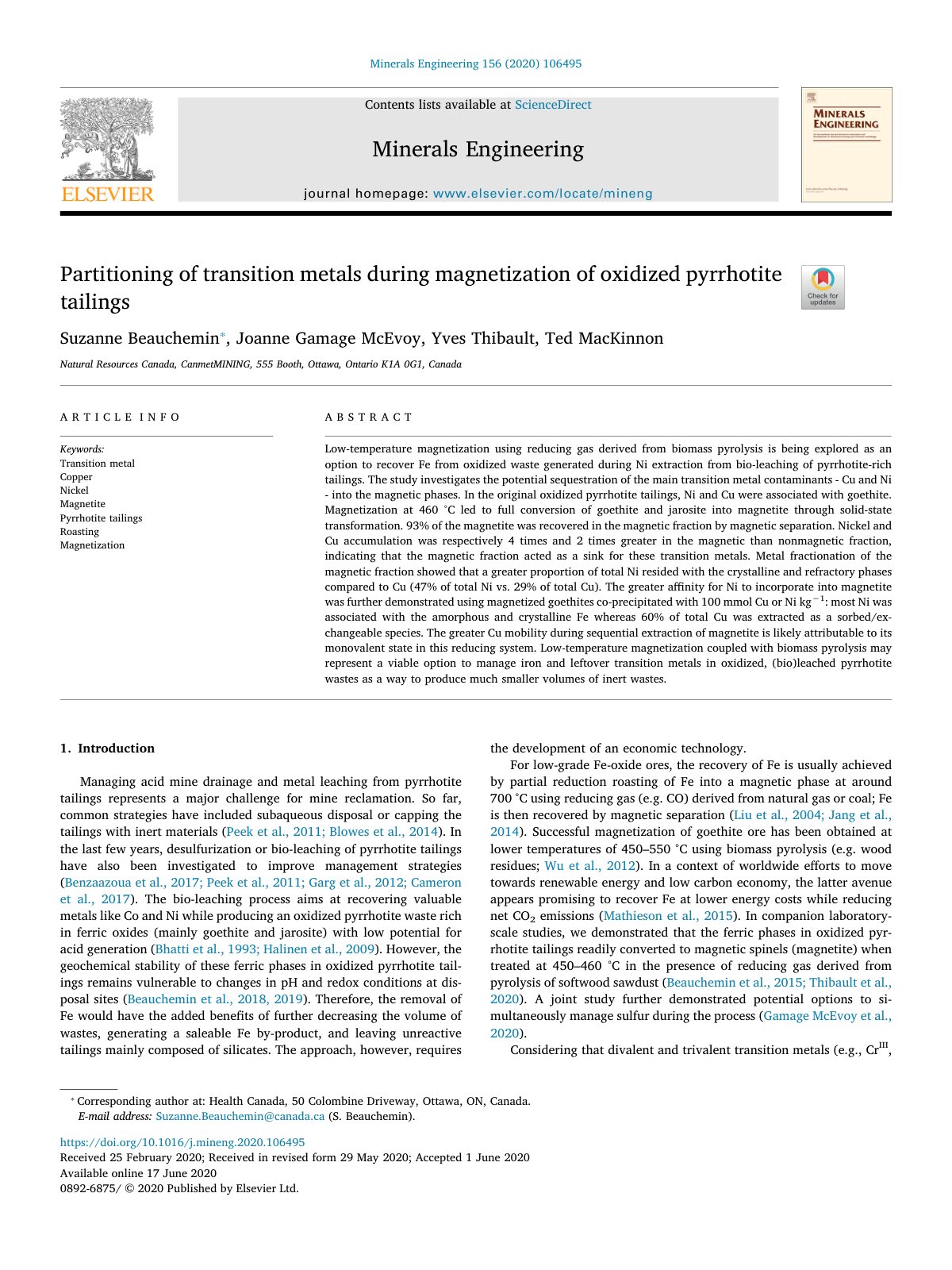 First page of Partitioning of transition metals during magnetization of oxidized pyrrhotite tailings