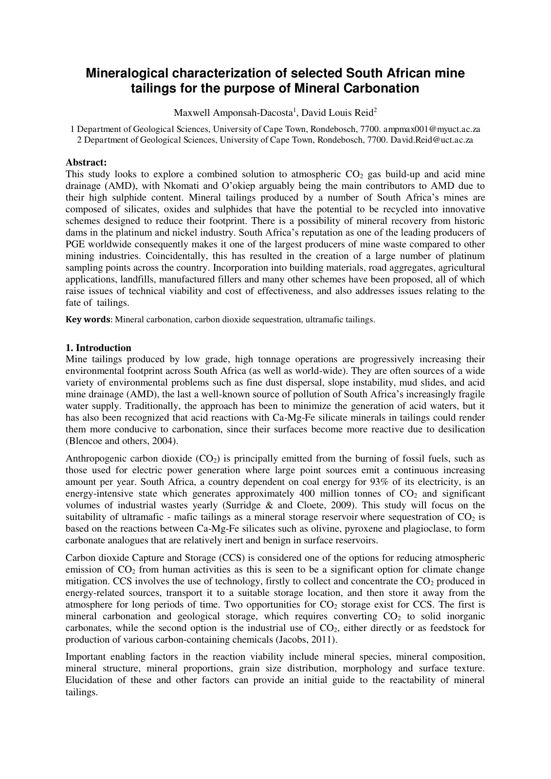 First page of Mineralogical characterization of selected South African mine tailings for the purpose of Mineral Carbonation