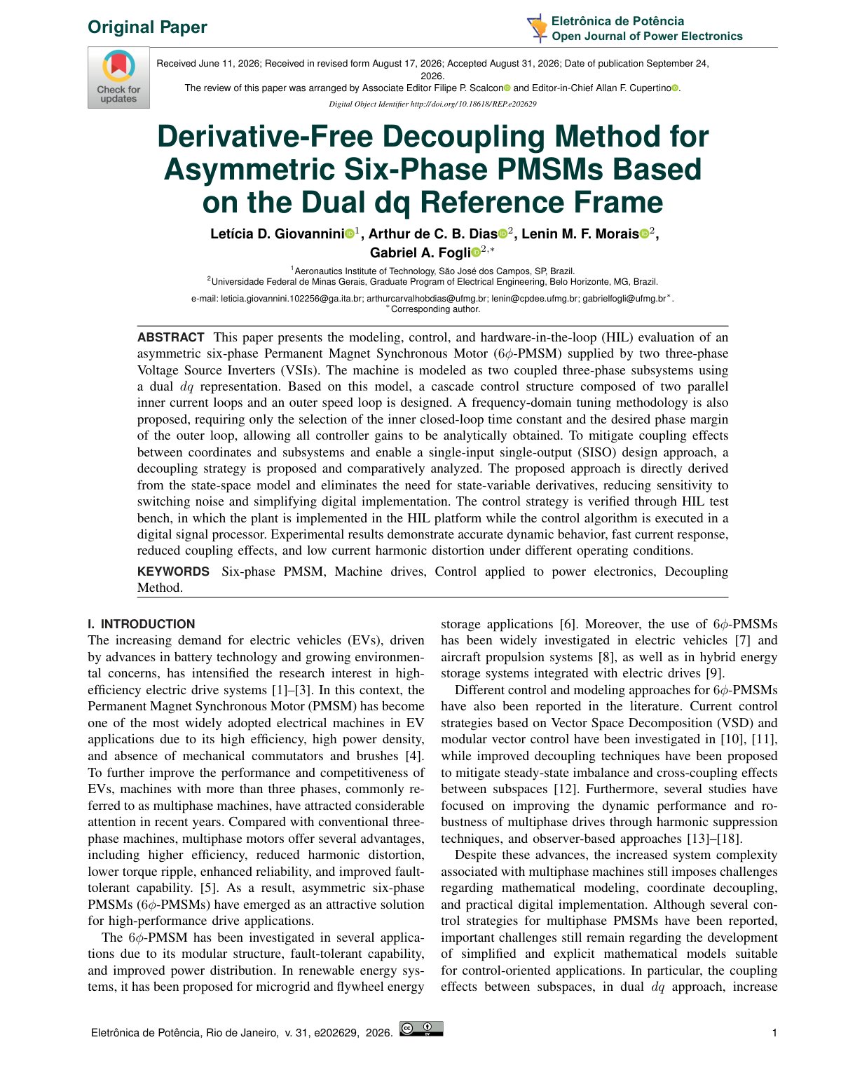 First page of Derivative-Free Decoupling Method for Asymmetric Six-Phase PMSMs Based on the Dual dq Reference Frame