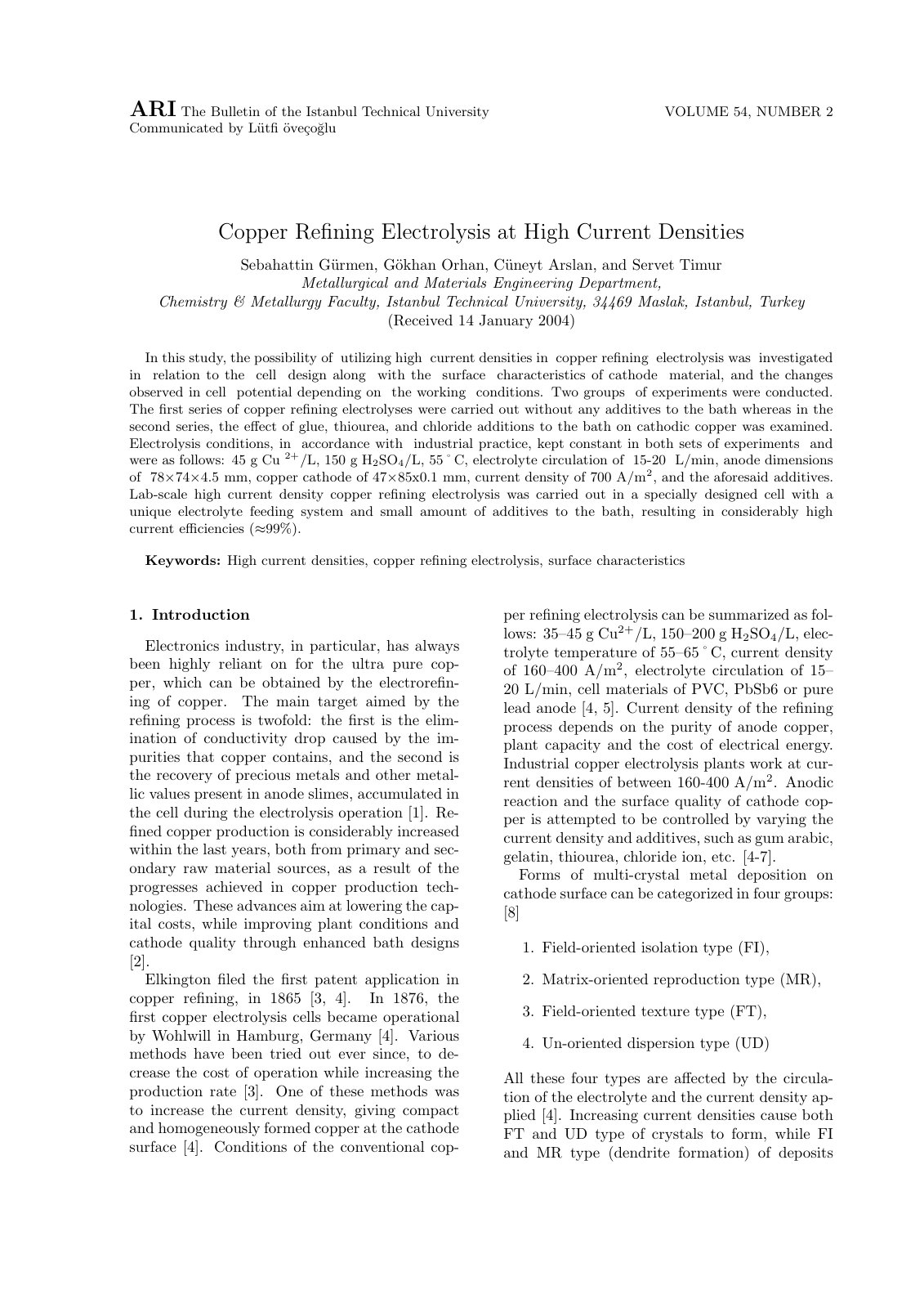 First page of Copper Refining Electrolysis at High Cur
