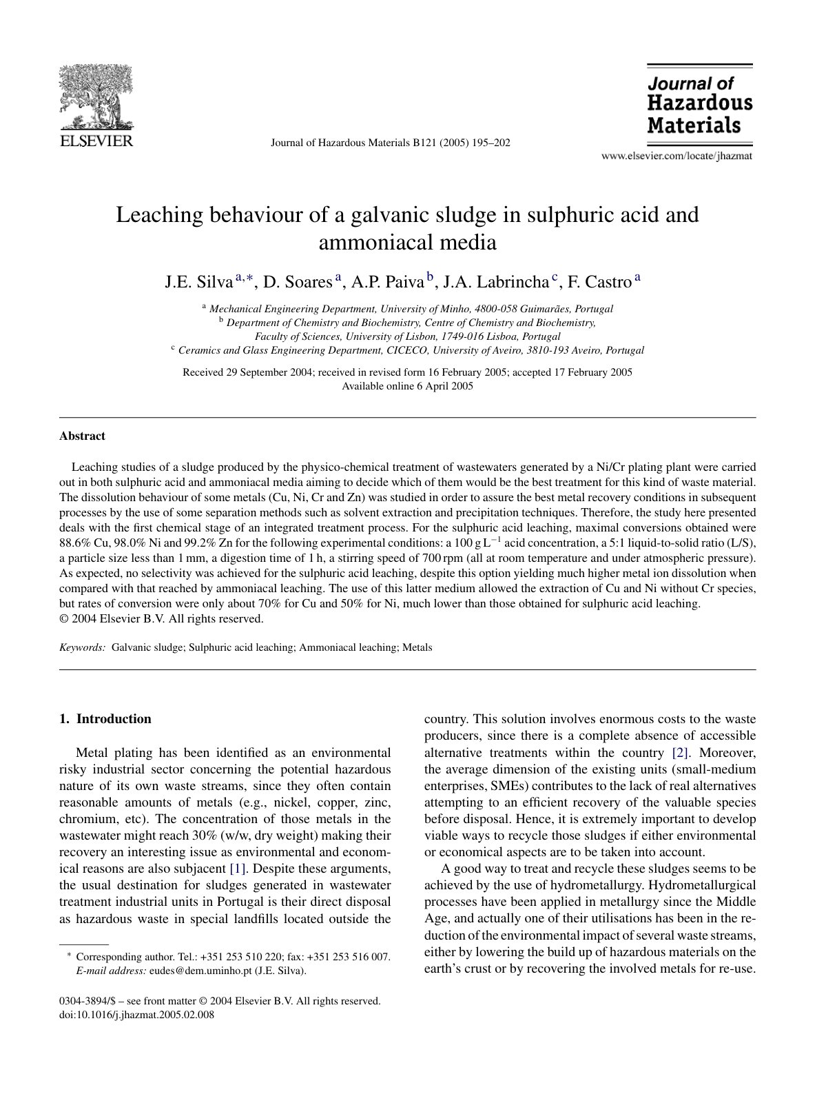First page of Leaching behaviour of a galvanic sludge in sulphuric acid and ammoniacal media