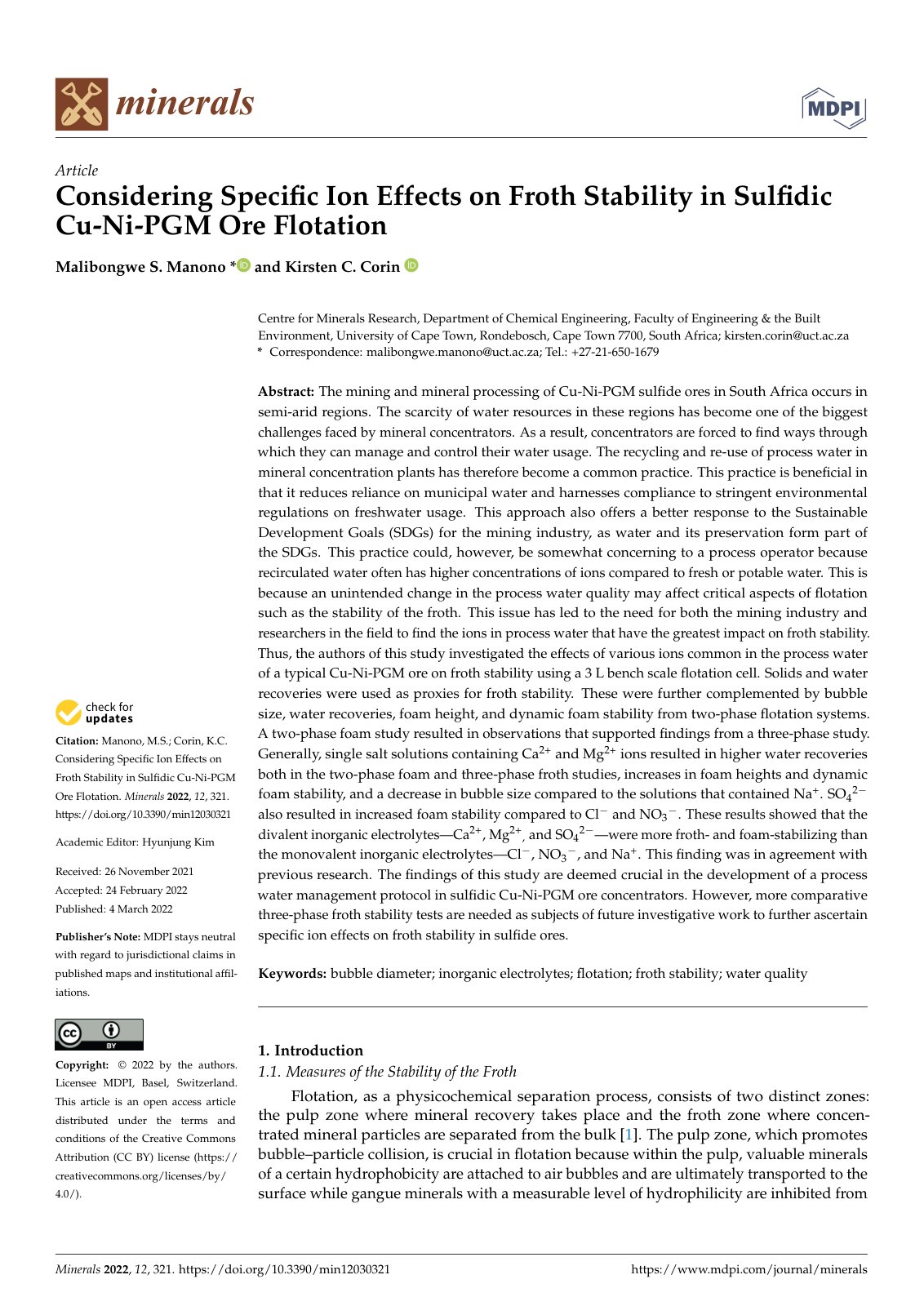 First page of Considering Specific Ion Effects on Froth Stability in Sulfidic Cu-Ni-PGM Ore Flotation