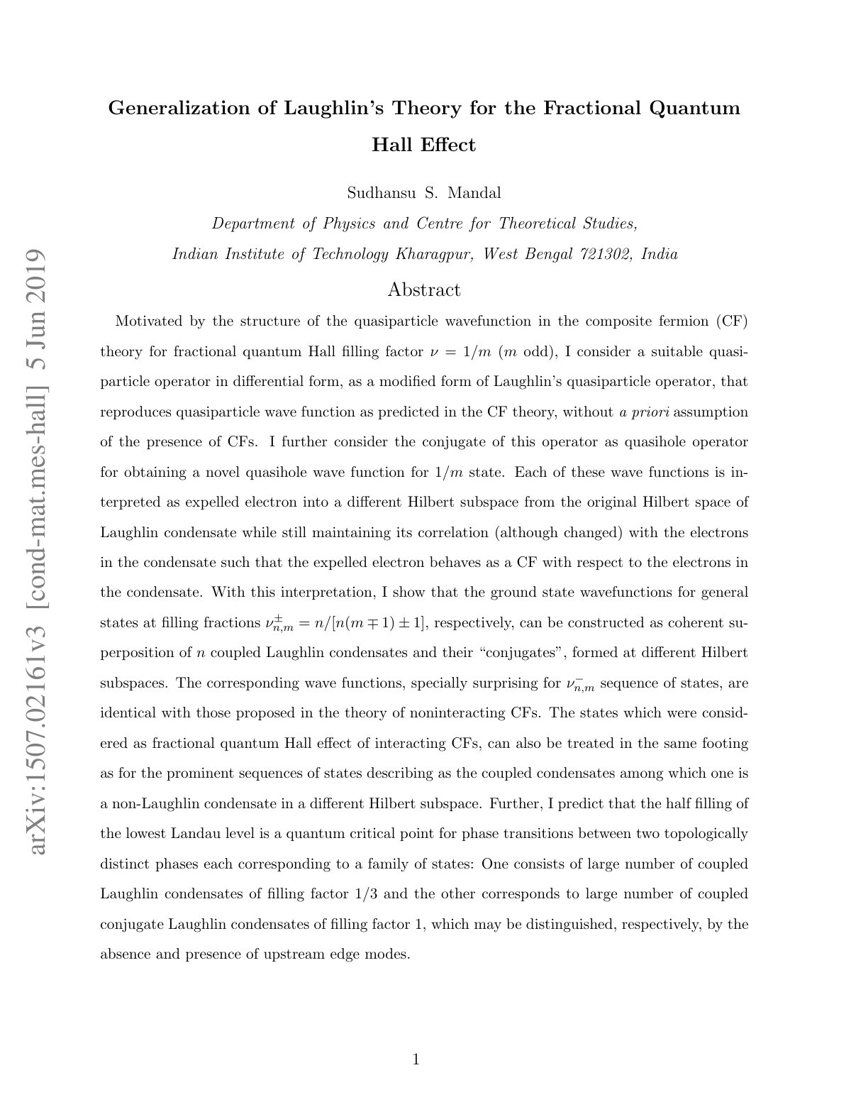 First page of Generalization of Laughlin’s Theory for the Fractional Quantum Hall Eﬀect