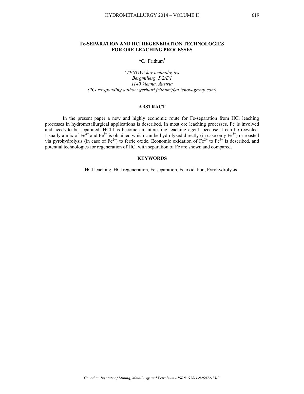 First page of Fe-SEPARATION AND HCl REGENERATION TECHNOLOGIES FOR ORE LEACHING PROCESSES