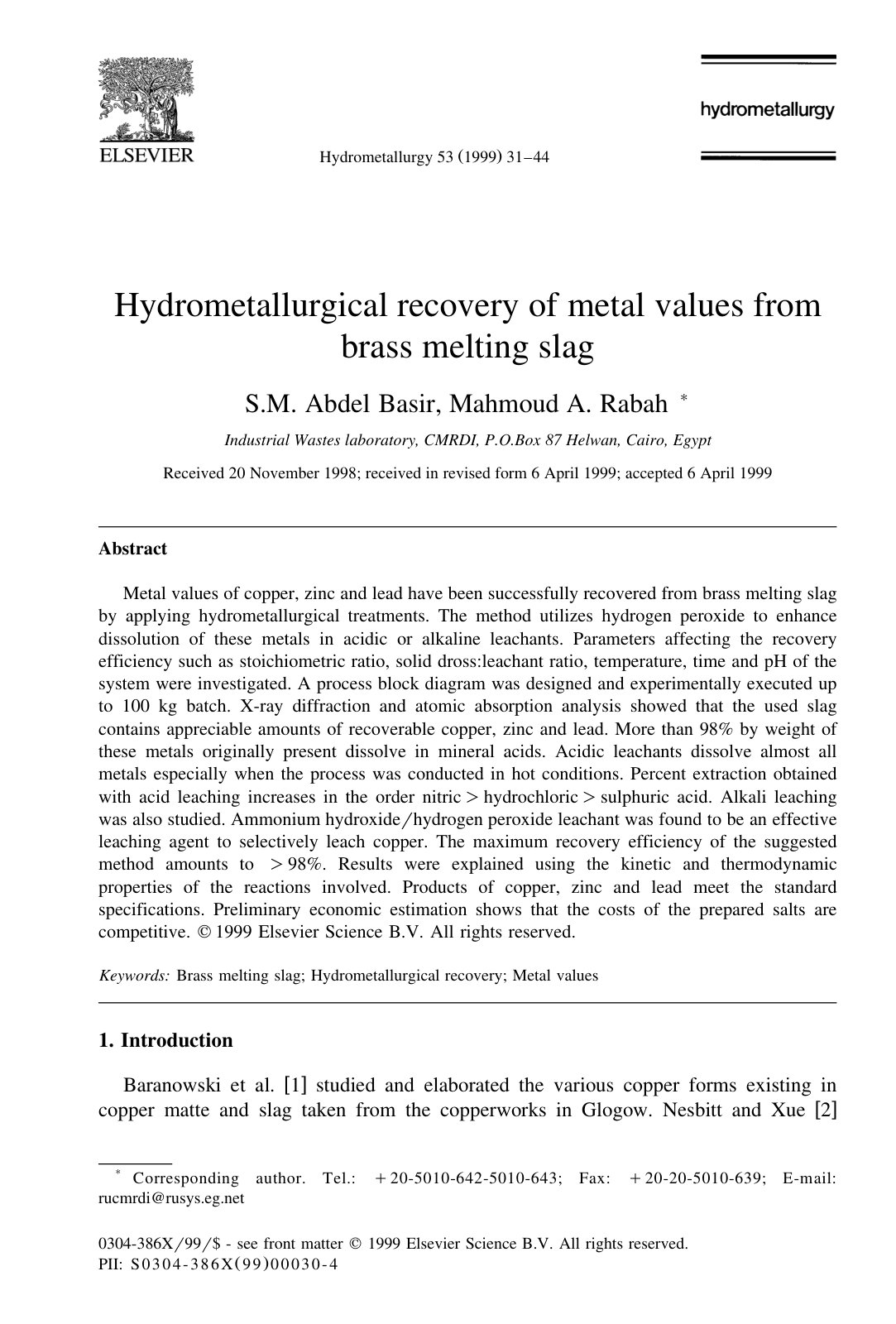 First page of Hydrometallurgical recovery of metal val