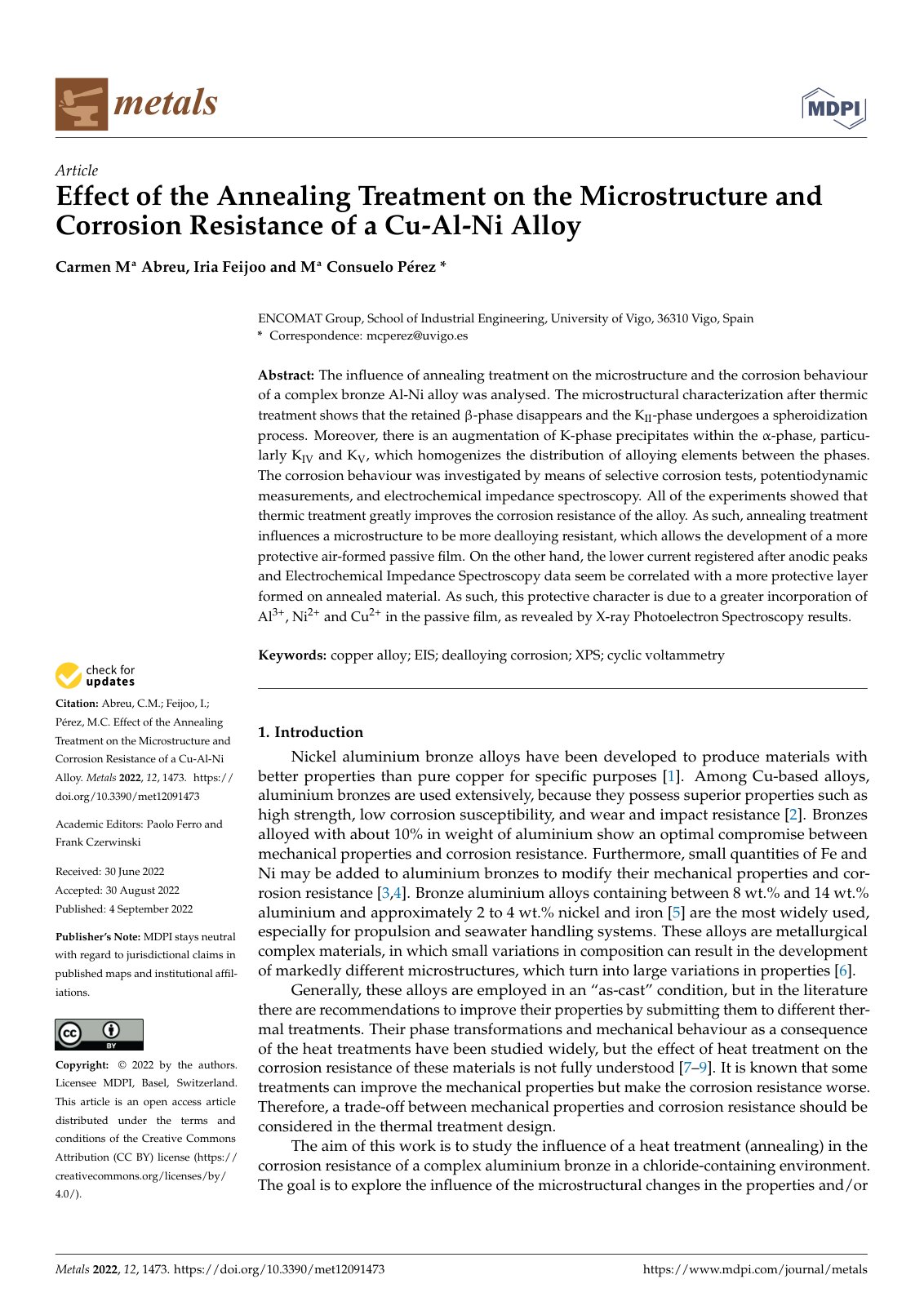 First page of Effect of the Annealing Treatment on the Microstructure and Corrosion Resistance of a Cu-Al-Ni Alloy