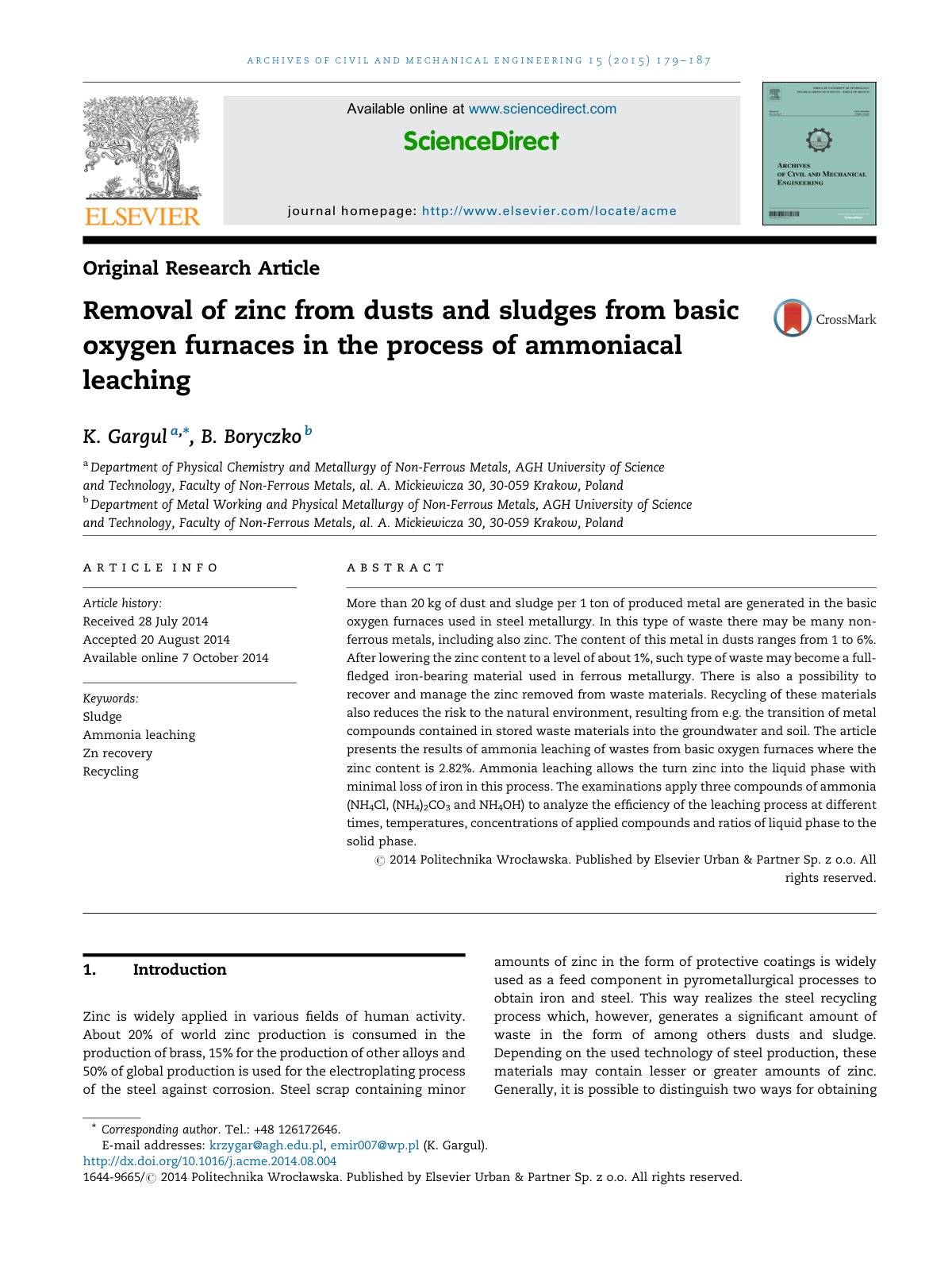 First page of Removal of zinc from dusts and sludges from basic oxygen furnaces in the process of ammoniacal leaching