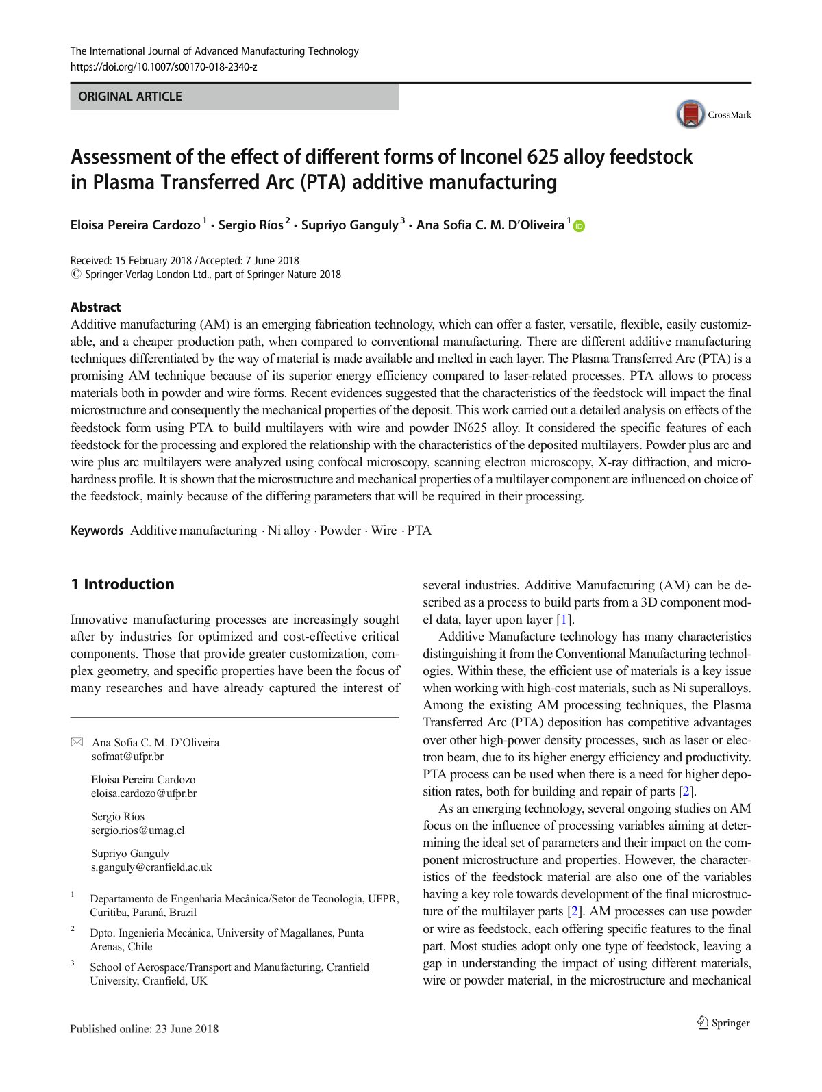 First page of Assessment of the effect of different forms of Inconel 625 alloy feedstock in Plasma Transferred Arc (PTA) additive manufacturing