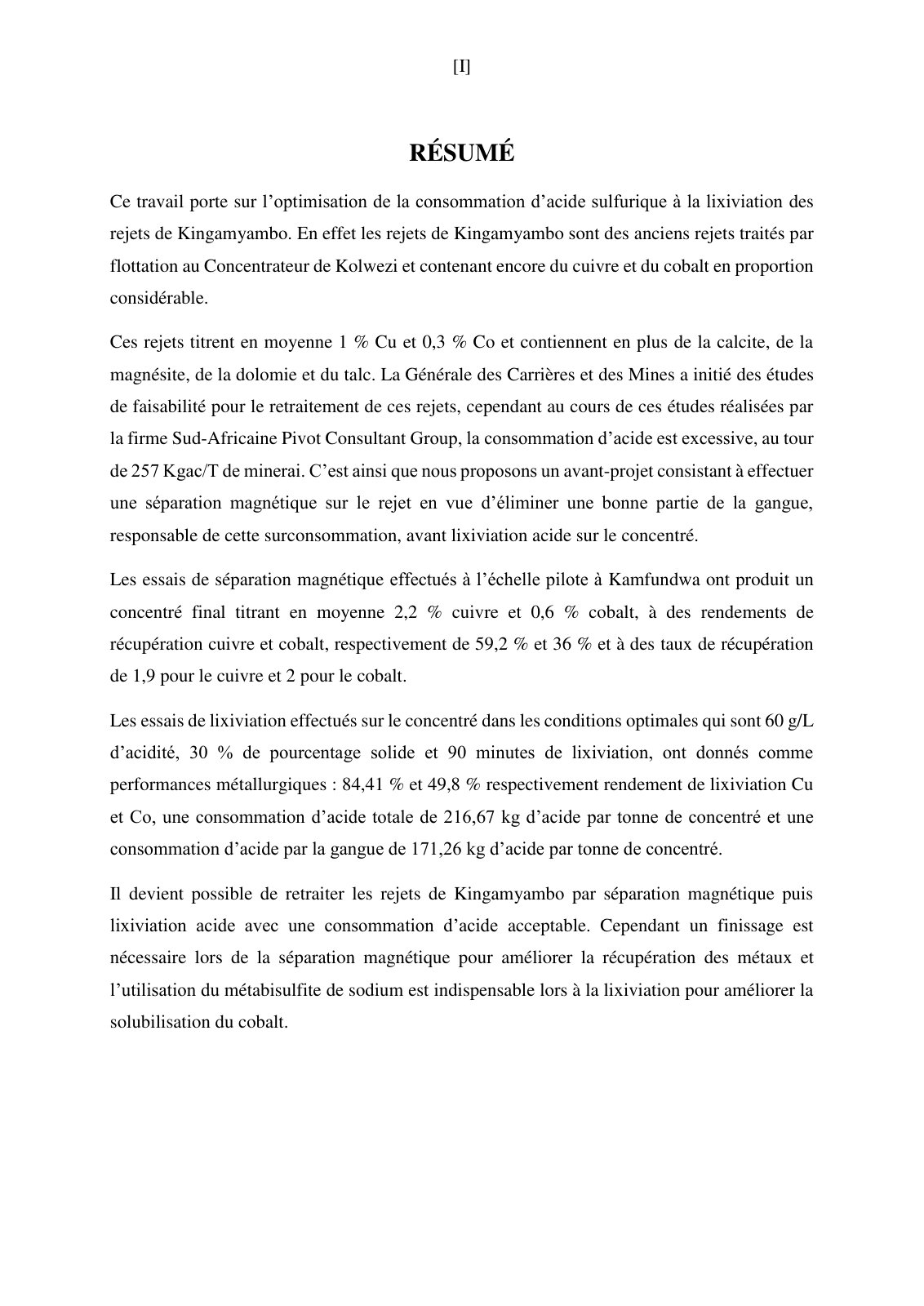 First page of Optimisation de la consommation d’acide sulfurique à la lixiviation des rejets de Kingamyambo