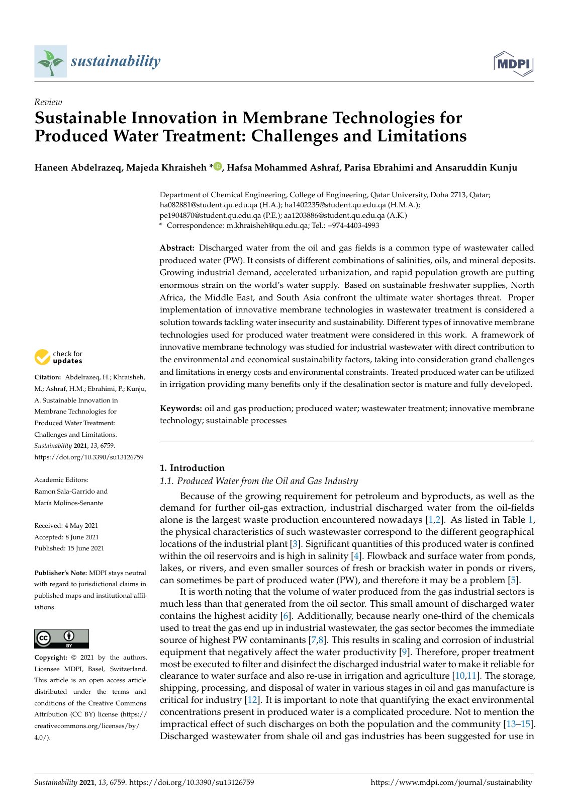 First page of Sustainable Innovation in Membrane Technologies for Produced Water Treatment: Challenges and Limitations