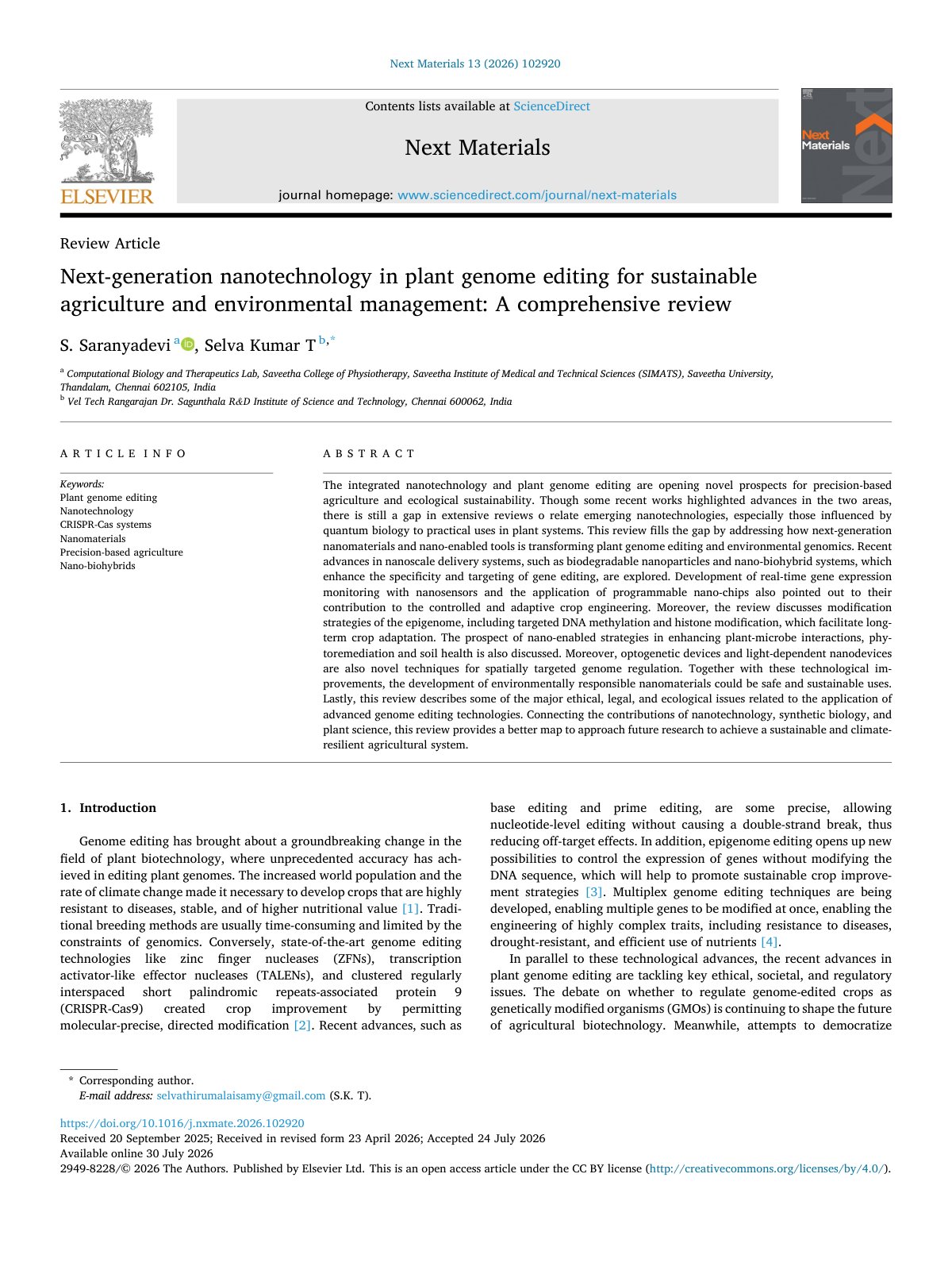 First page of Next generation nanotechnology in plant genome editing for susta 2026 Next M