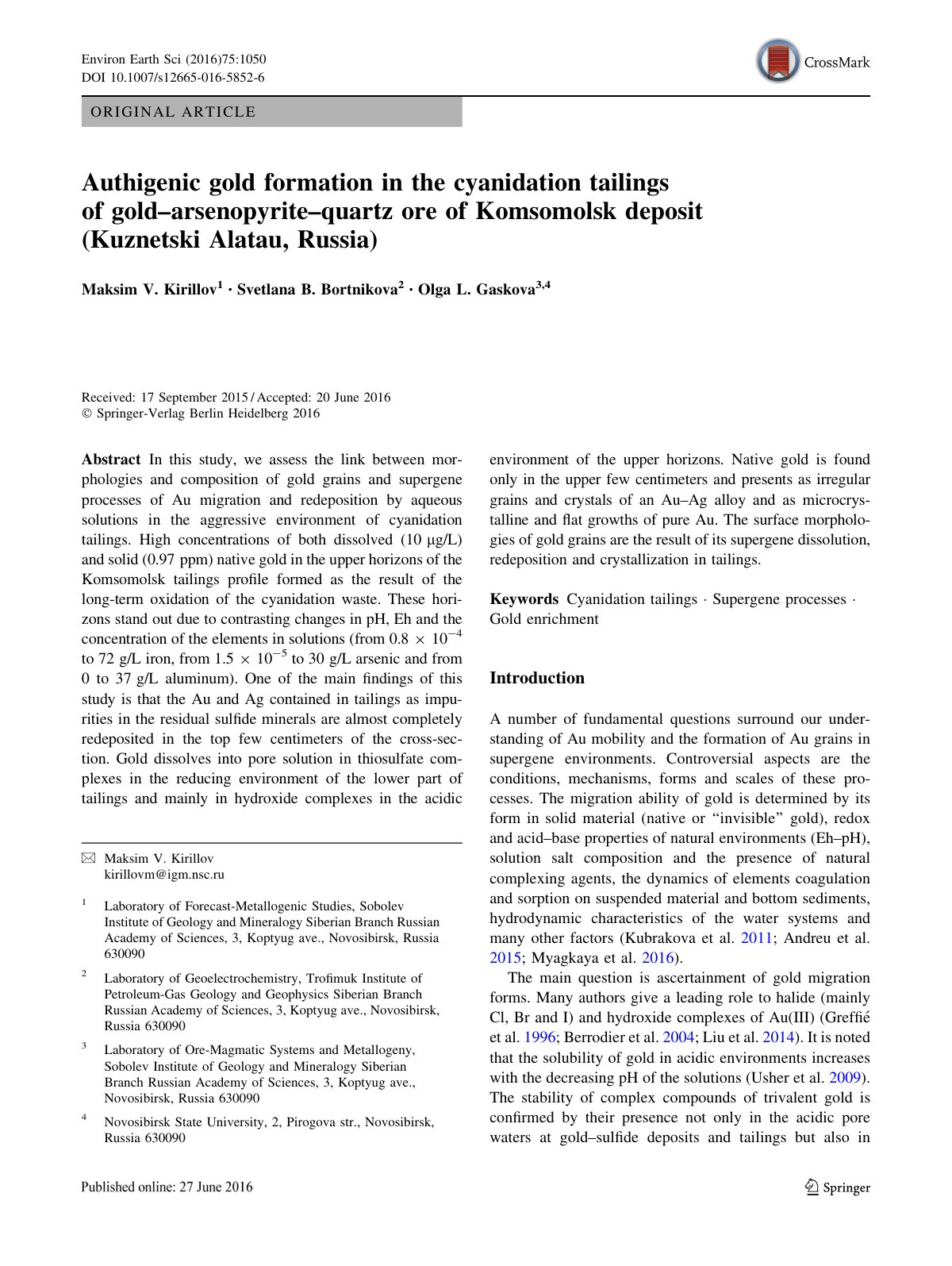First page of Authigenic gold formation in the cyanida