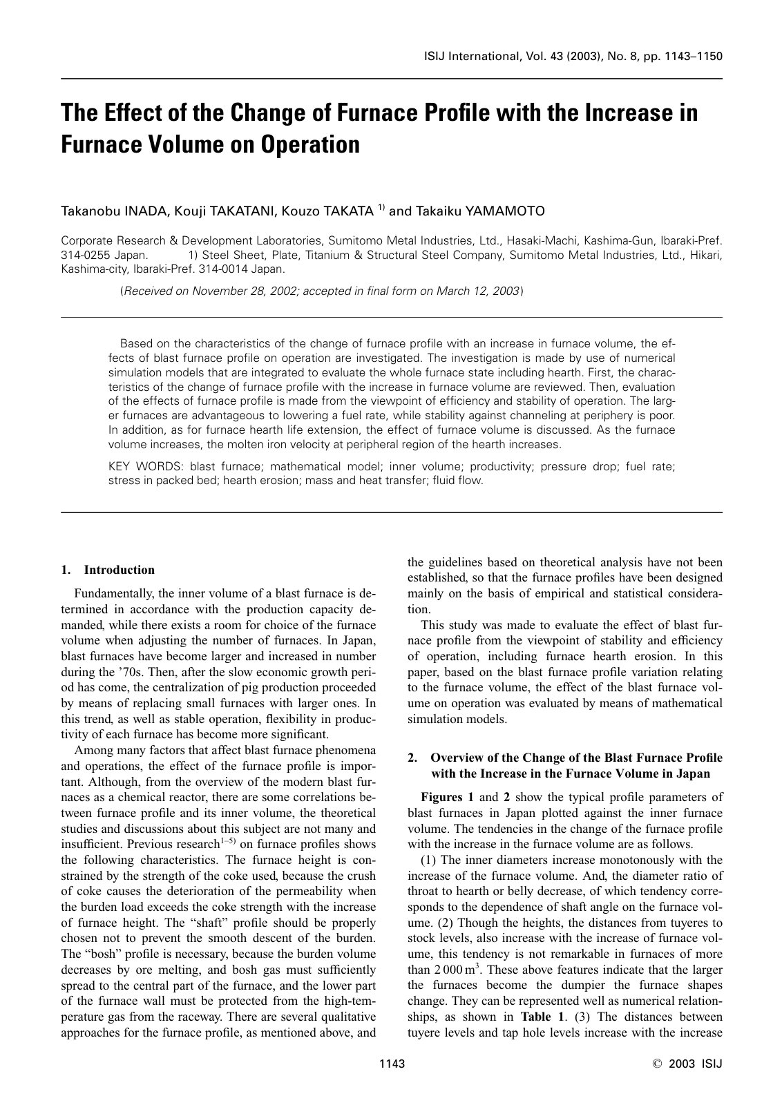 First page of 2003 Takanobu Inada The Effect of the Change of Furnace Profile with the Increase in Furnace Volume on Operation isijinternational.43.1143