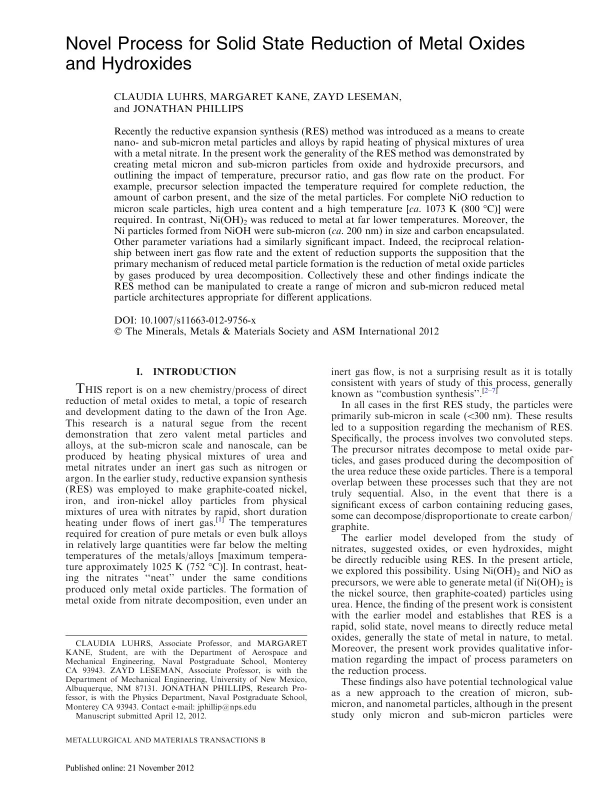 First page of Novel Process for Solid State Reduction