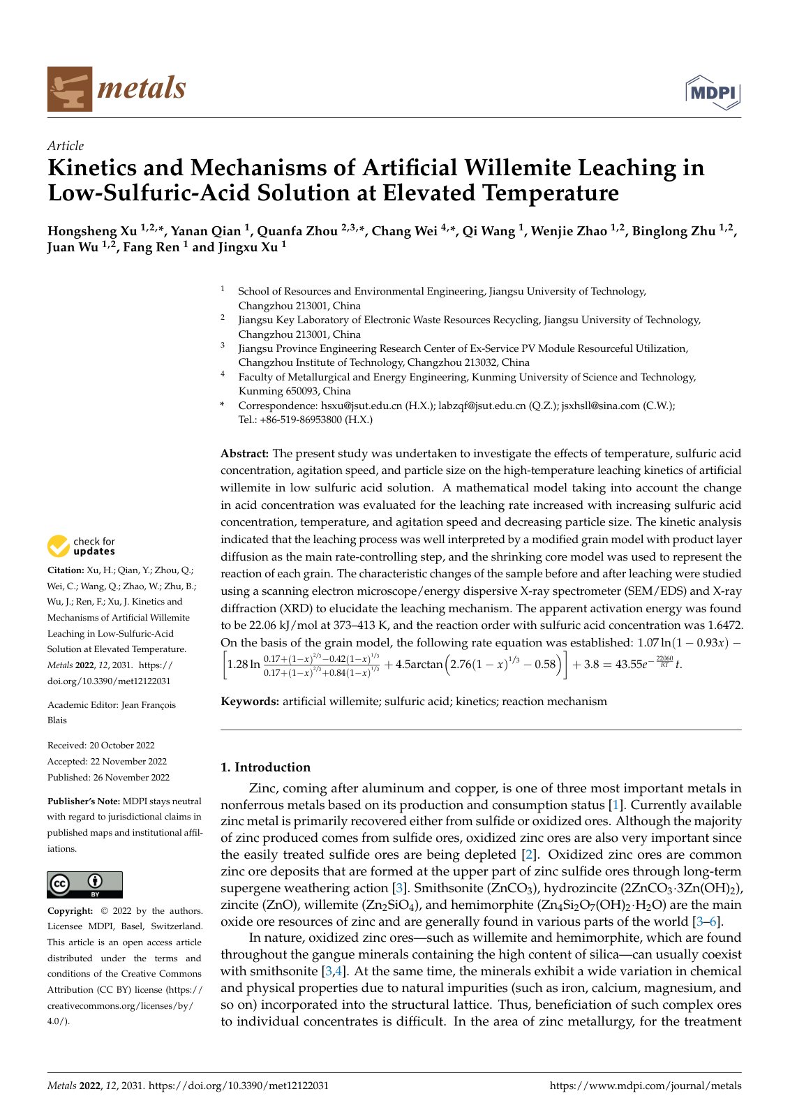 First page of 2022   Xu   Willemite leaching kinetics in dilute sulfuric acid