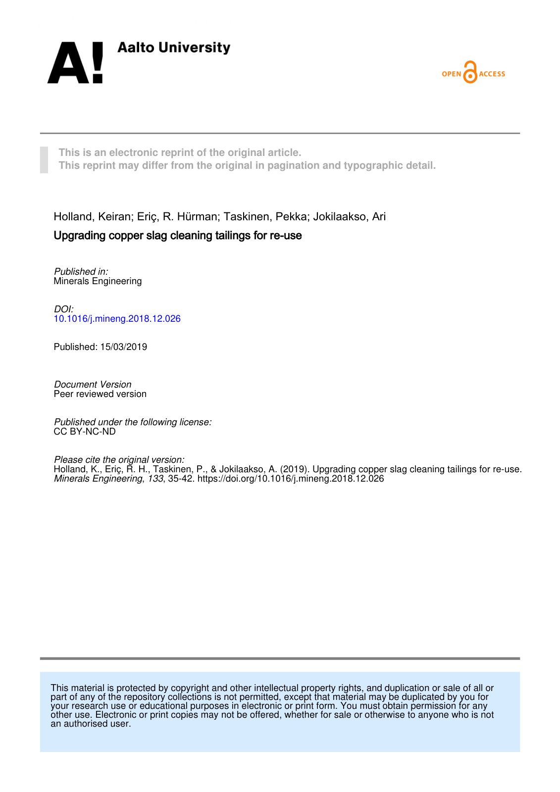 First page of Upgrading copper slag cleaning tailings