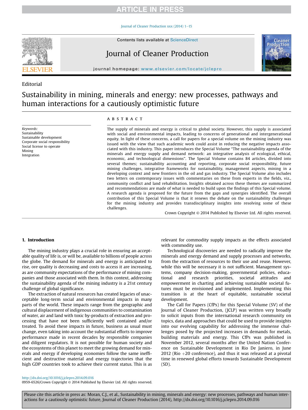 First page of Sustainability in mining, minerals and energy: new processes, pathways and human interactions for a cautiously optimistic future