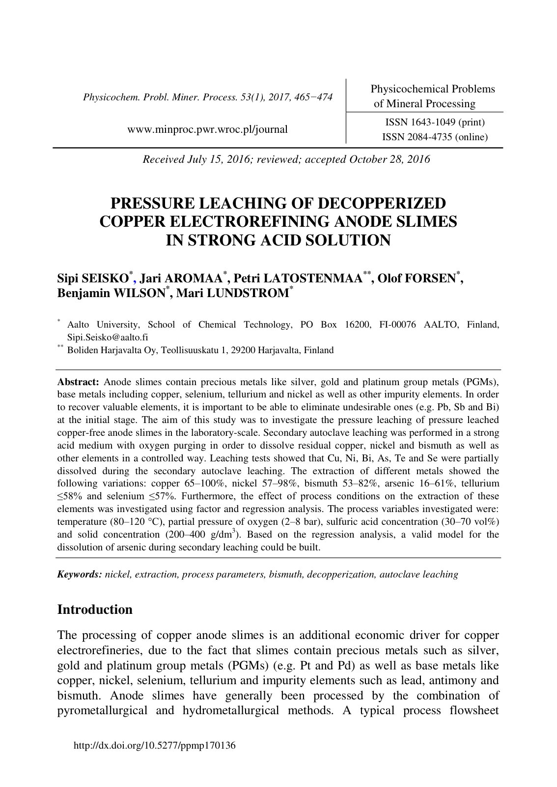 First page of Pressure leaching of decopperized copper