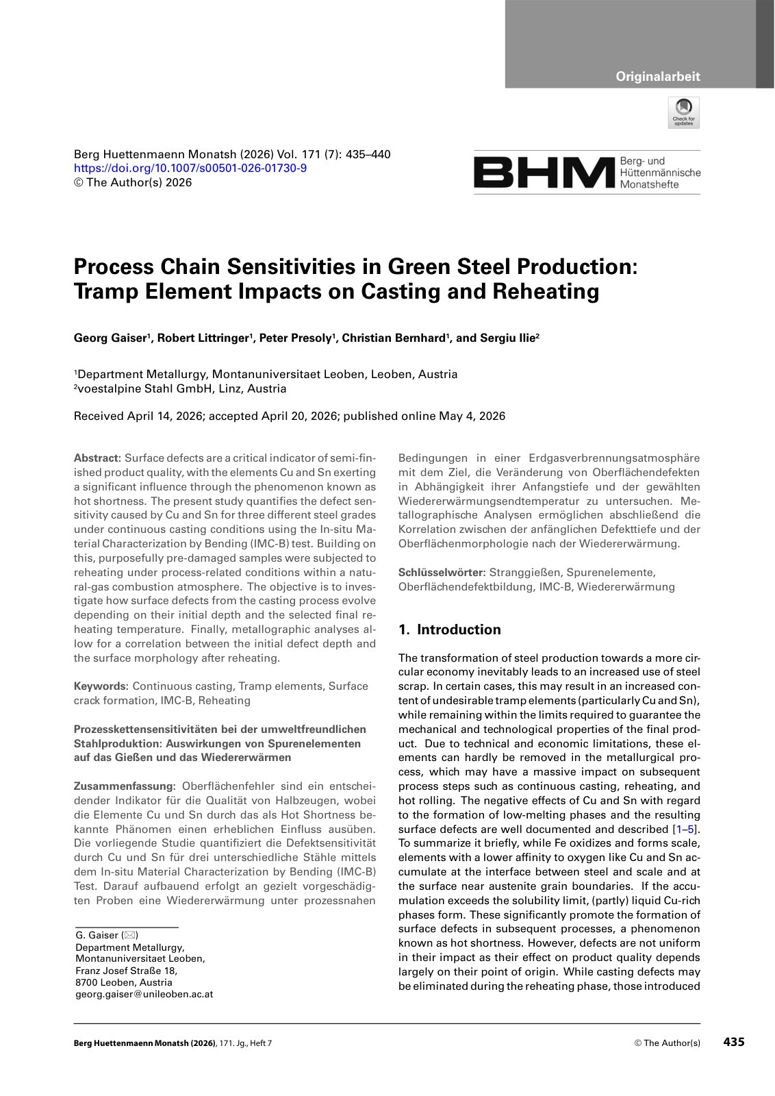 First page of 2026 Georg Gaiser Process Chain Sensitivities in Green Steel Production Tramp Element Impacts on Casting and Reheating s00501 026 01730 9