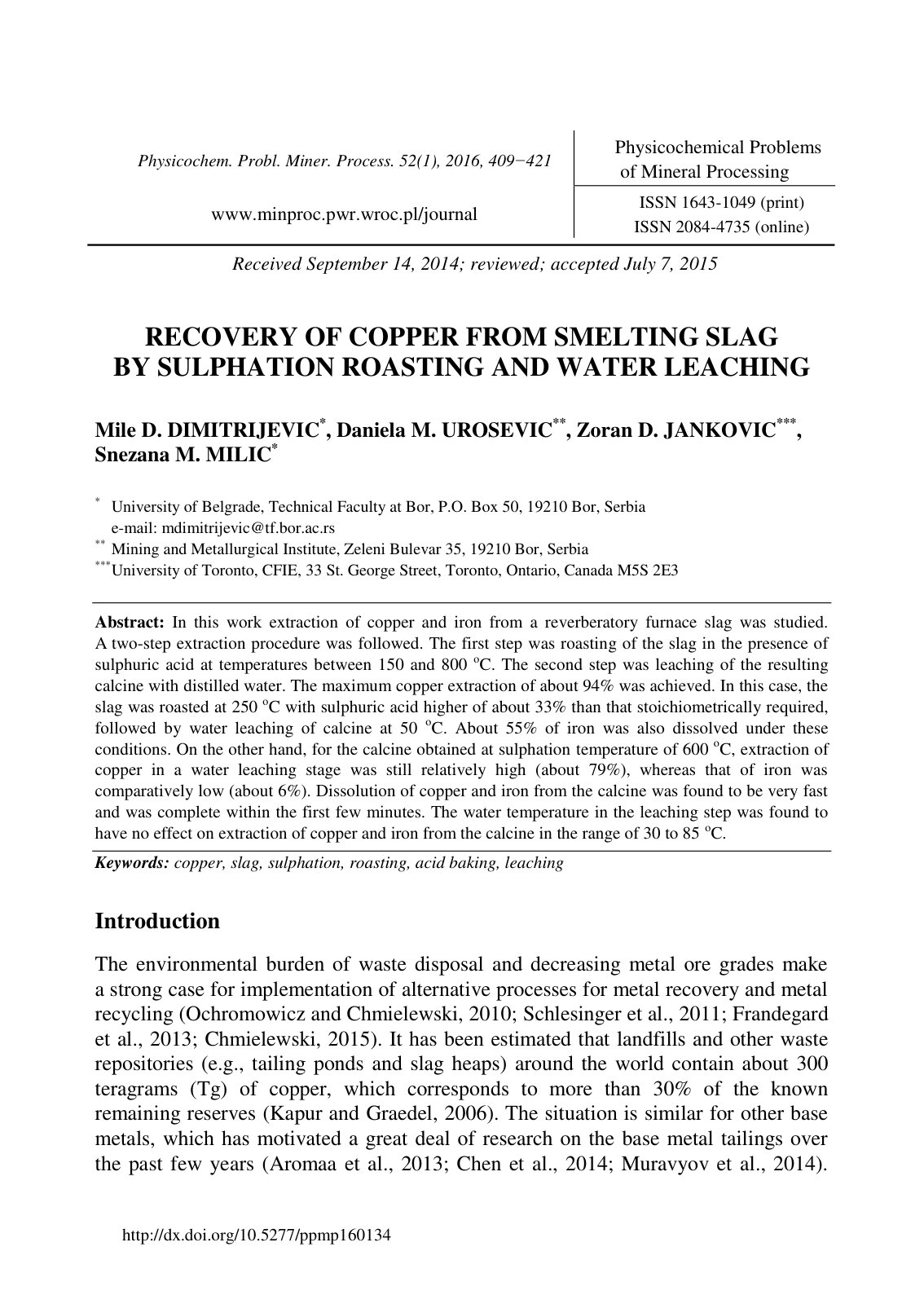 First page of RECOVERY OF COPPER FROM SMELTING SLAG BY SULPHATION ROASTING AND WATER LEACHING