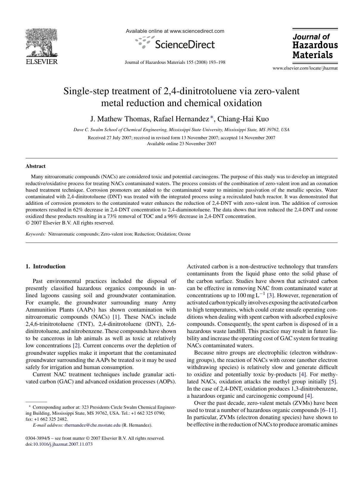 First page of Single-step treatment of 2,4-dinitrotoluene via zero-valent metal reduction and chemical oxidation