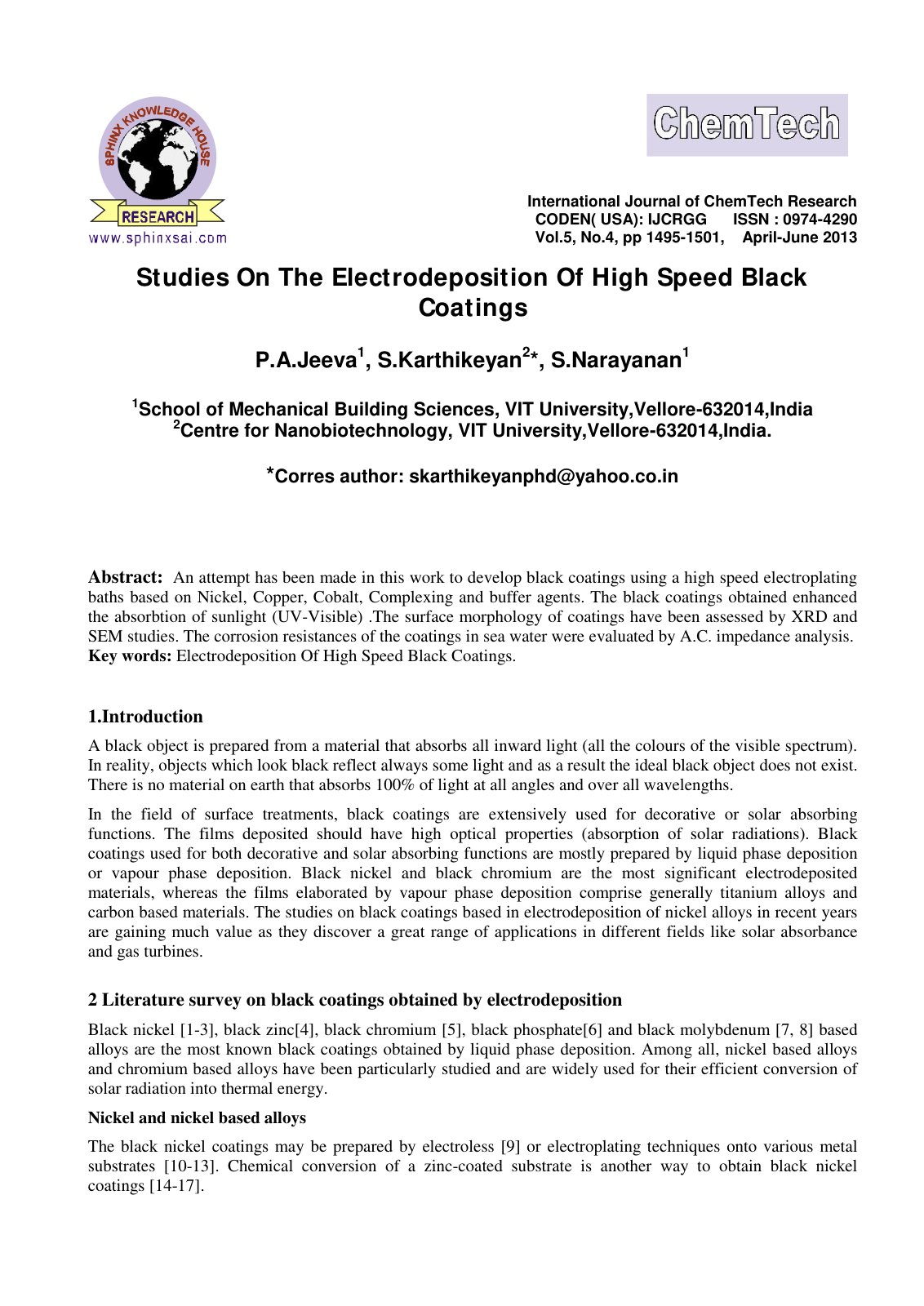 First page of Studies On The Electrodeposition Of High Speed Black Coatings