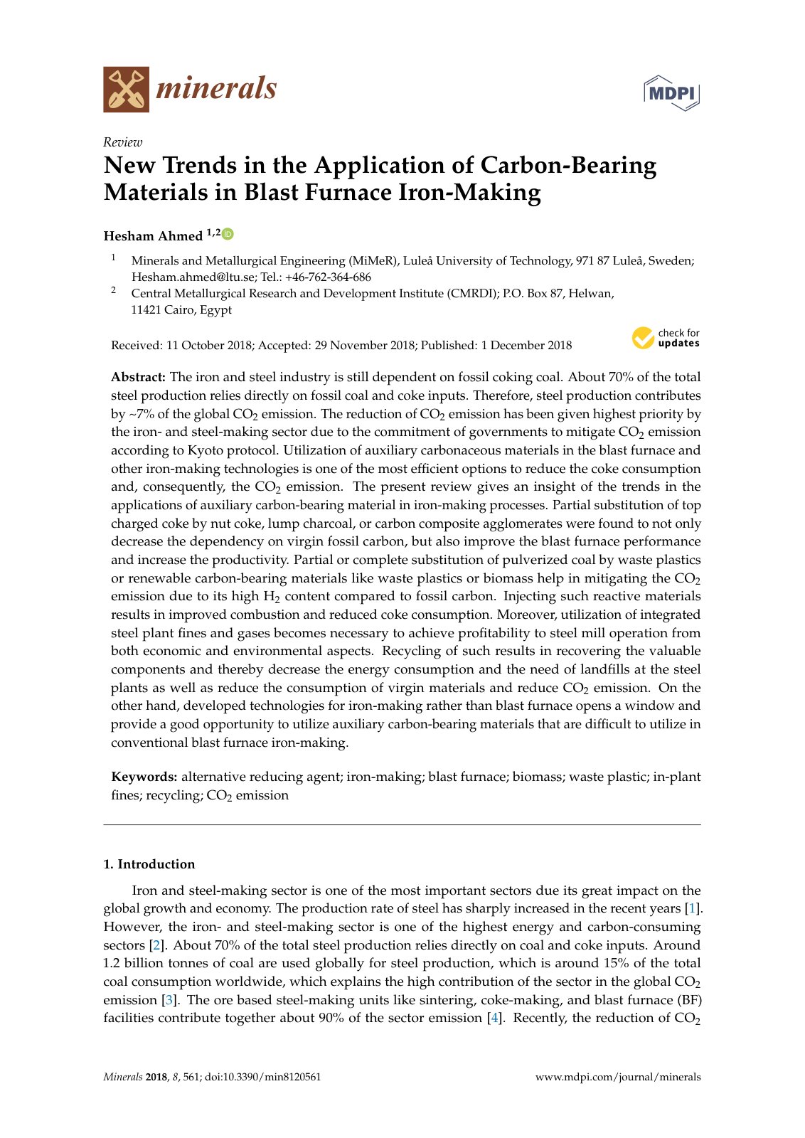 First page of New Trends in the Application of Carbon-Bearing Materials in Blast Furnace Iron-Making