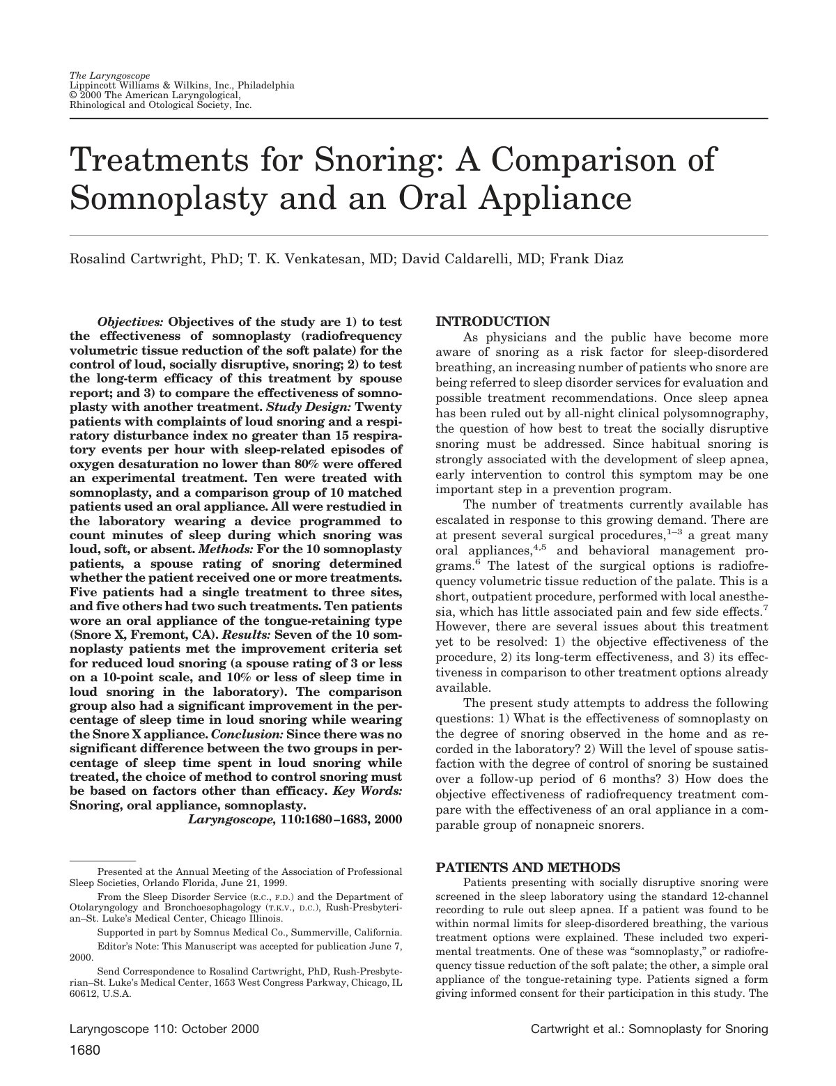 First page of Treatments for Snoring A Comparison of S