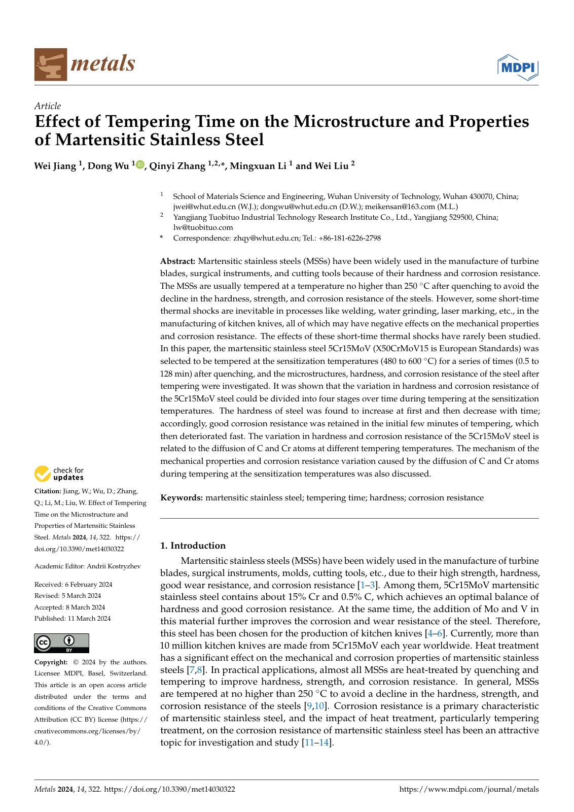 First page of Effect of Tempering Time on the Microstructure and Properties of Martensitic Stainless Steel