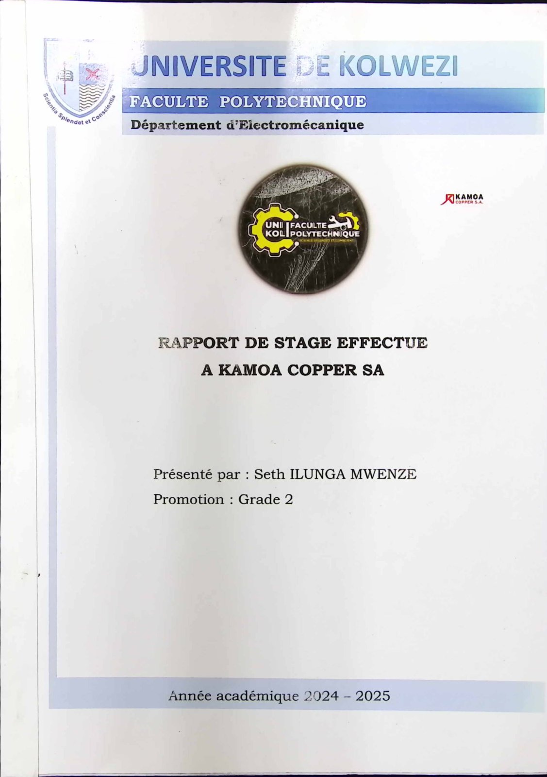 First page of RAPPORT DE STAGE EFFECTUE A KAMOA COPPER SA
