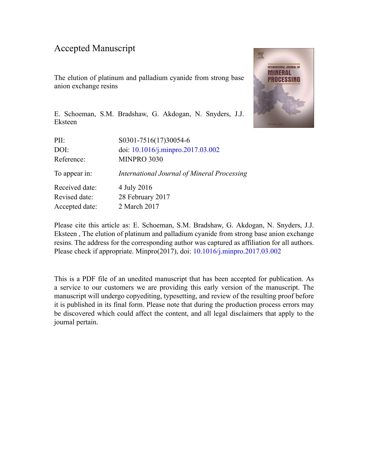 First page of The elution of platinum and palladium cyanide from strong base anion exchange resins