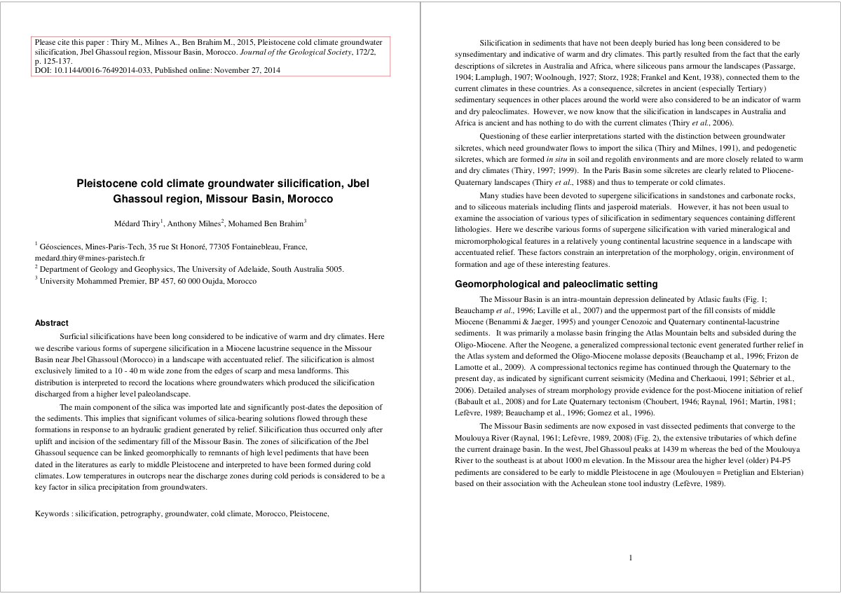 First page of Pleistocene cold climate groundwater silicification, Jbel Ghassoul region, Missour Basin, Morocco
