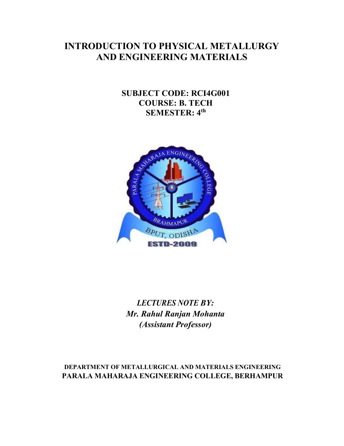 First page of INTRODUCTION TO PHYSICAL METALLURGY