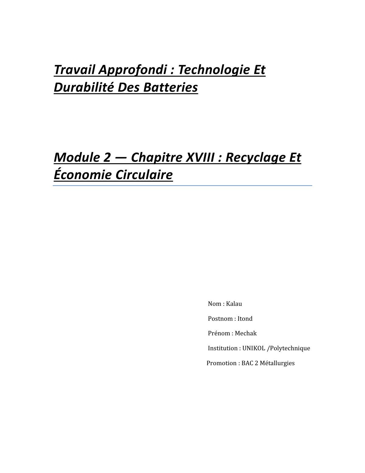 First page of Travail Approfondi : Technologie Et Durabilité Des Batteries Module 2 — Chapitre XVIII : Recyclage Et Économie Circulaire