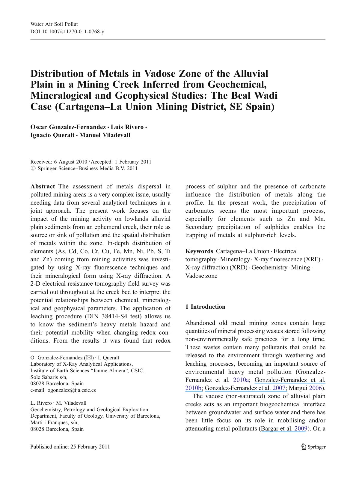 First page of Distribution of Metals in Vadose Zone of the Alluvial Plain in a Mining Creek Inferred from Geochemical, Mineralogical and Geophysical Studies: The Beal Wadi Case (Cartagena–La Union Mining District, SE Spain)