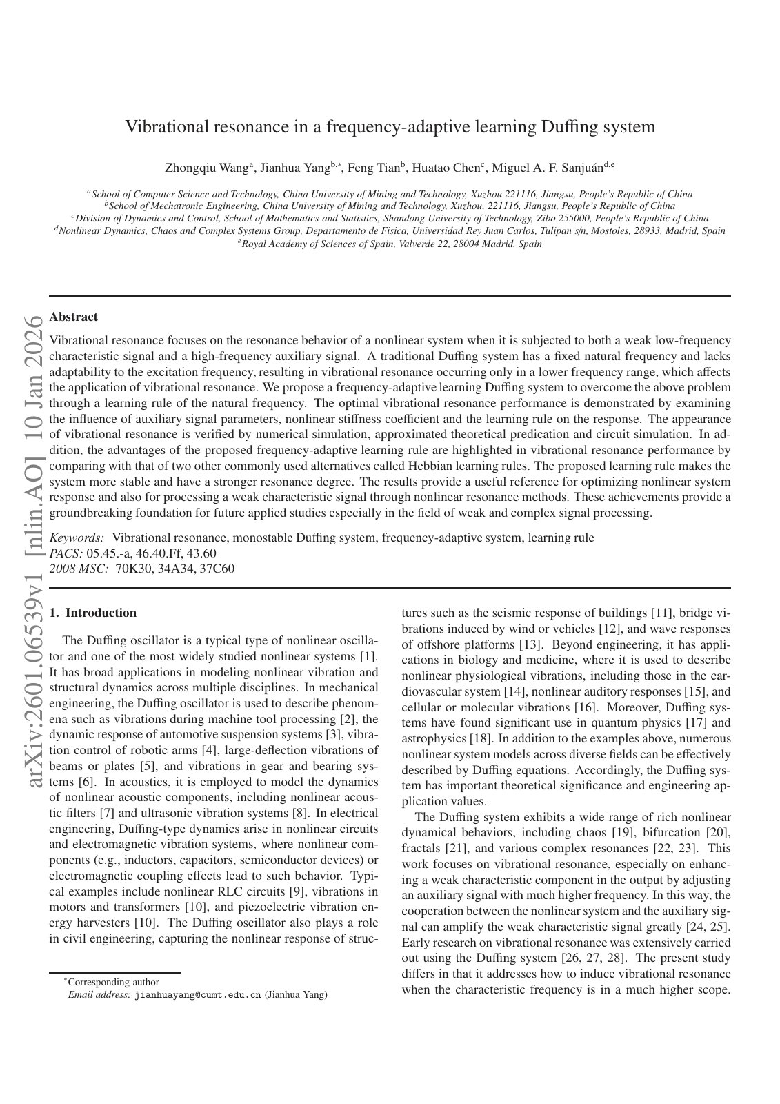 First page of Vibrational resonance in a frequency-adaptive learning Duffing system