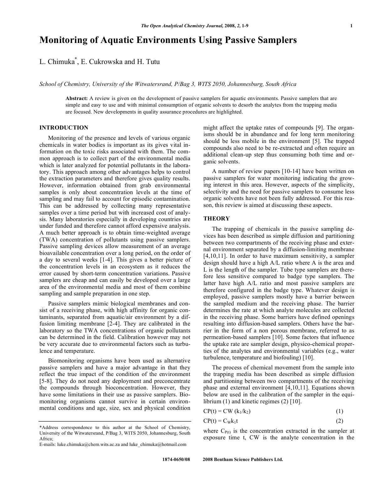 First page of Monitoring of Aquatic Environments Using Passive Samplers